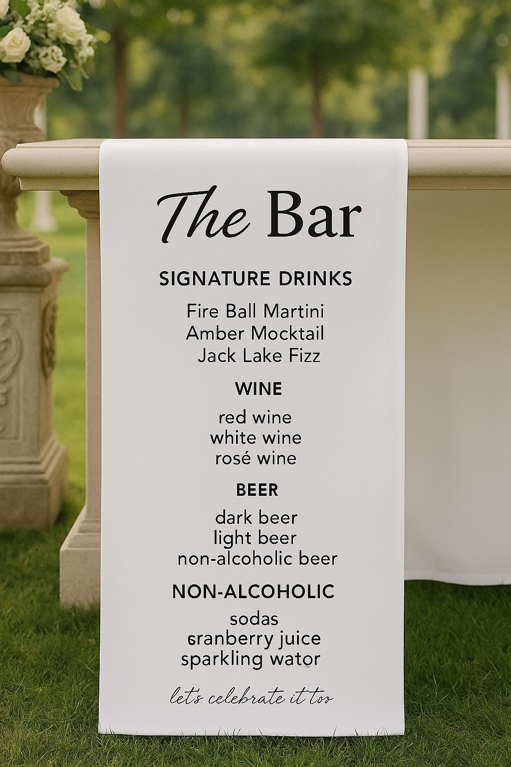 Custom Wedding Bar Sign with Signature Drinks Menu – Personalized Reception Bar Banner with Wine, Beer, and Non-Alcoholic Options