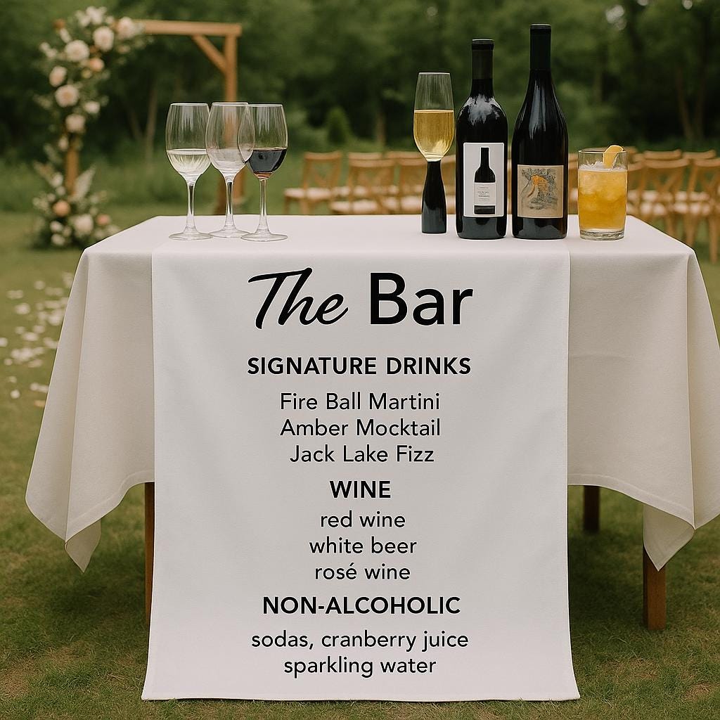 Custom Wedding Bar Sign with Signature Drinks Menu – Personalized Reception Bar Banner with Wine, Beer, and Non-Alcoholic Options