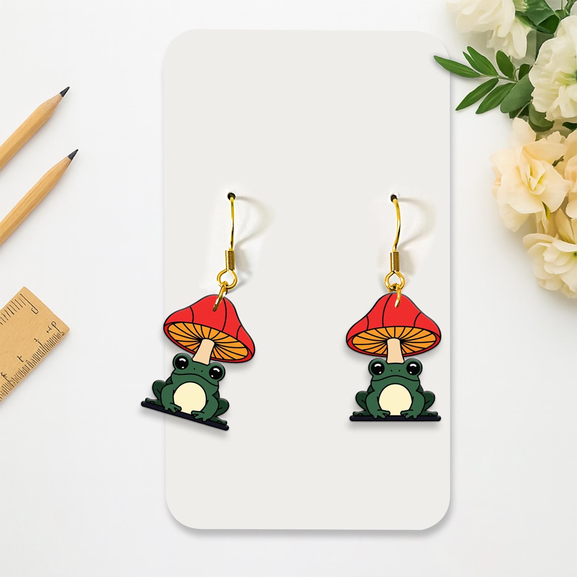Cute Frog Under Red Mushroom Earrings, Whimsical Cottagecore Frog Dangle Jewelry, Toadstool Statement Earrings, Cute Gift For Her, Nurse
