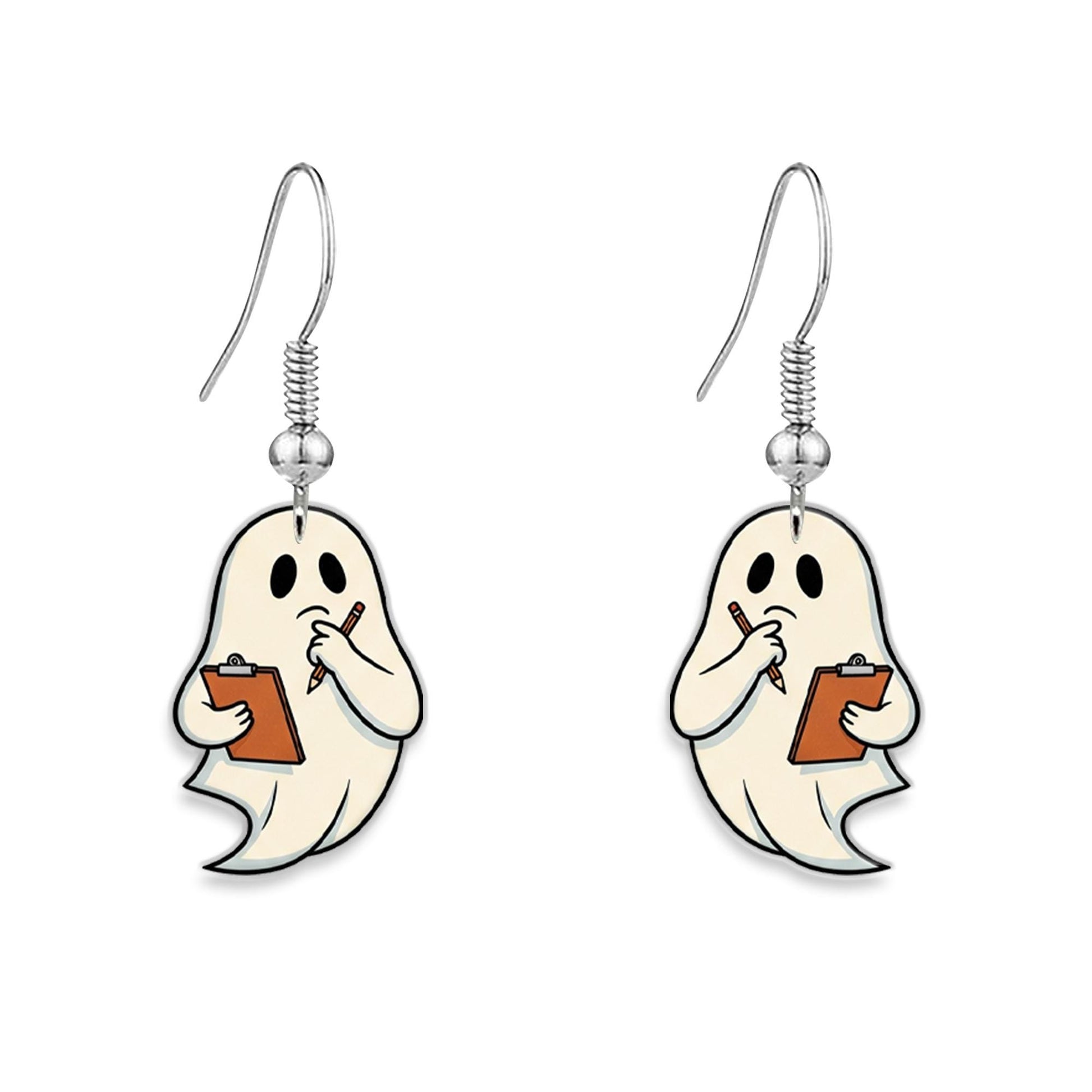 Cute Ghost With Clipboard Earrings, Funny Spooky Halloween Dangle Jewelry, Ghost Statement Earrings for Teachers and Writers, Book Lovers