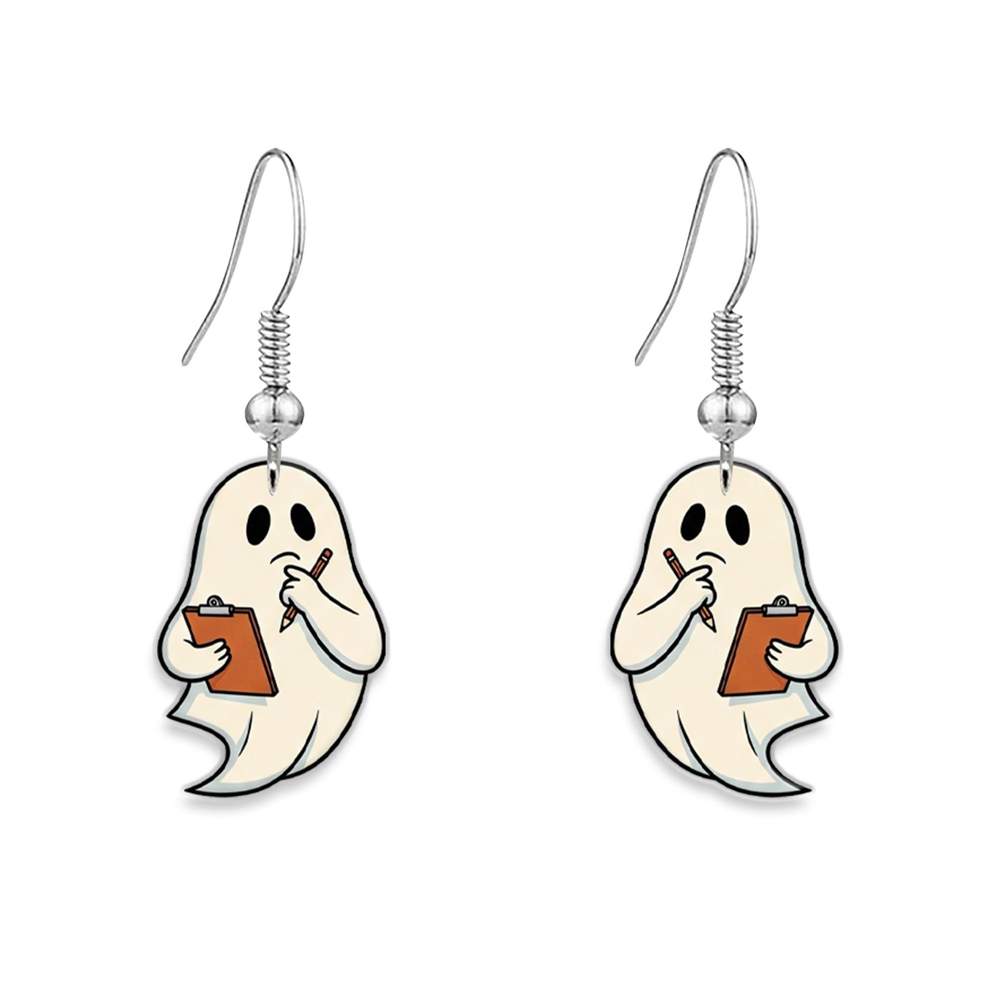 Cute Ghost With Clipboard Earrings, Funny Spooky Halloween Dangle Jewelry, Ghost Statement Earrings for Teachers and Writers, Book Lovers
