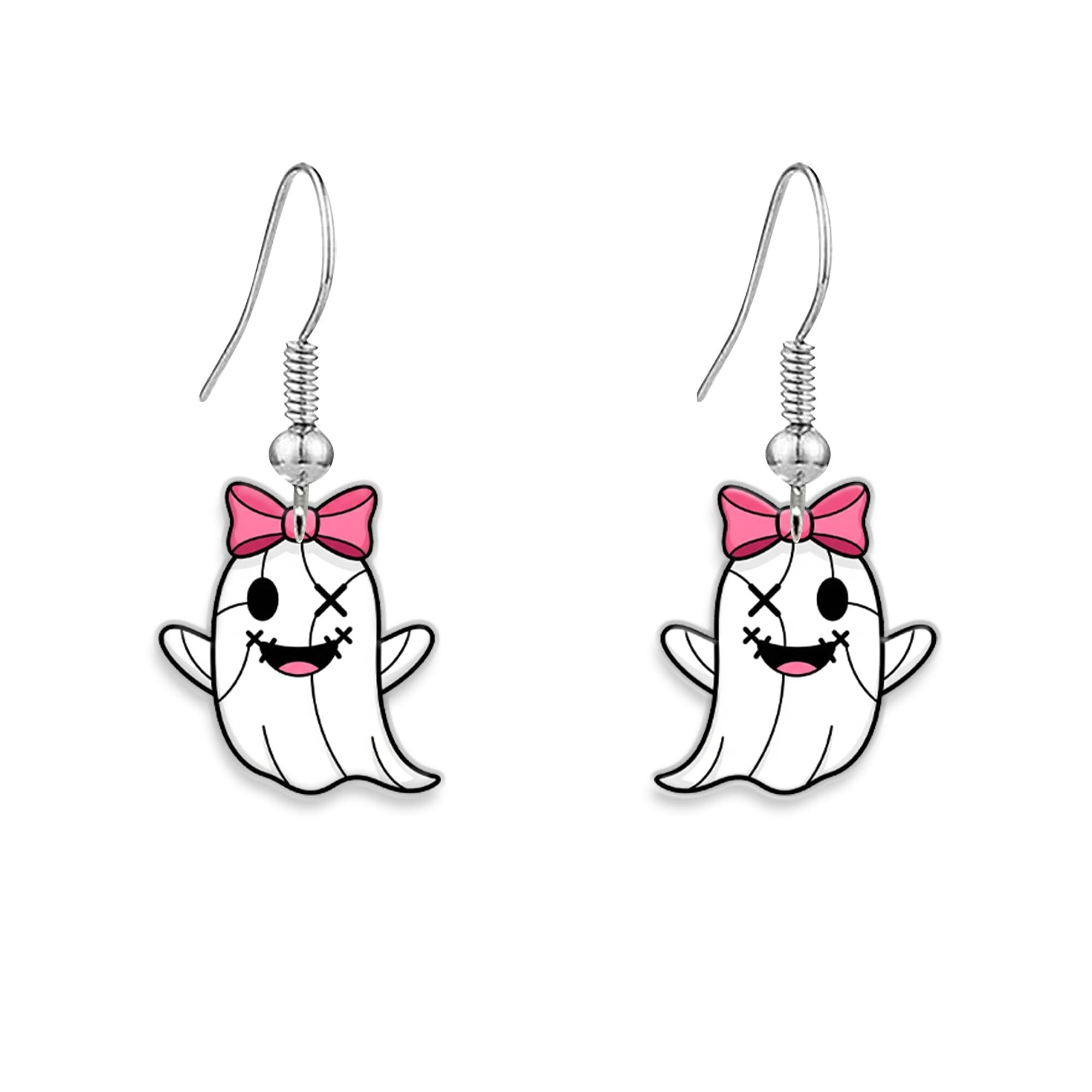Cute Pirate Ghost Earrings with Pink Bow, Fun Halloween Dangle Jewelry, Spooky Cute Statement Earrings for Women, Gift For Nurse, Teachers
