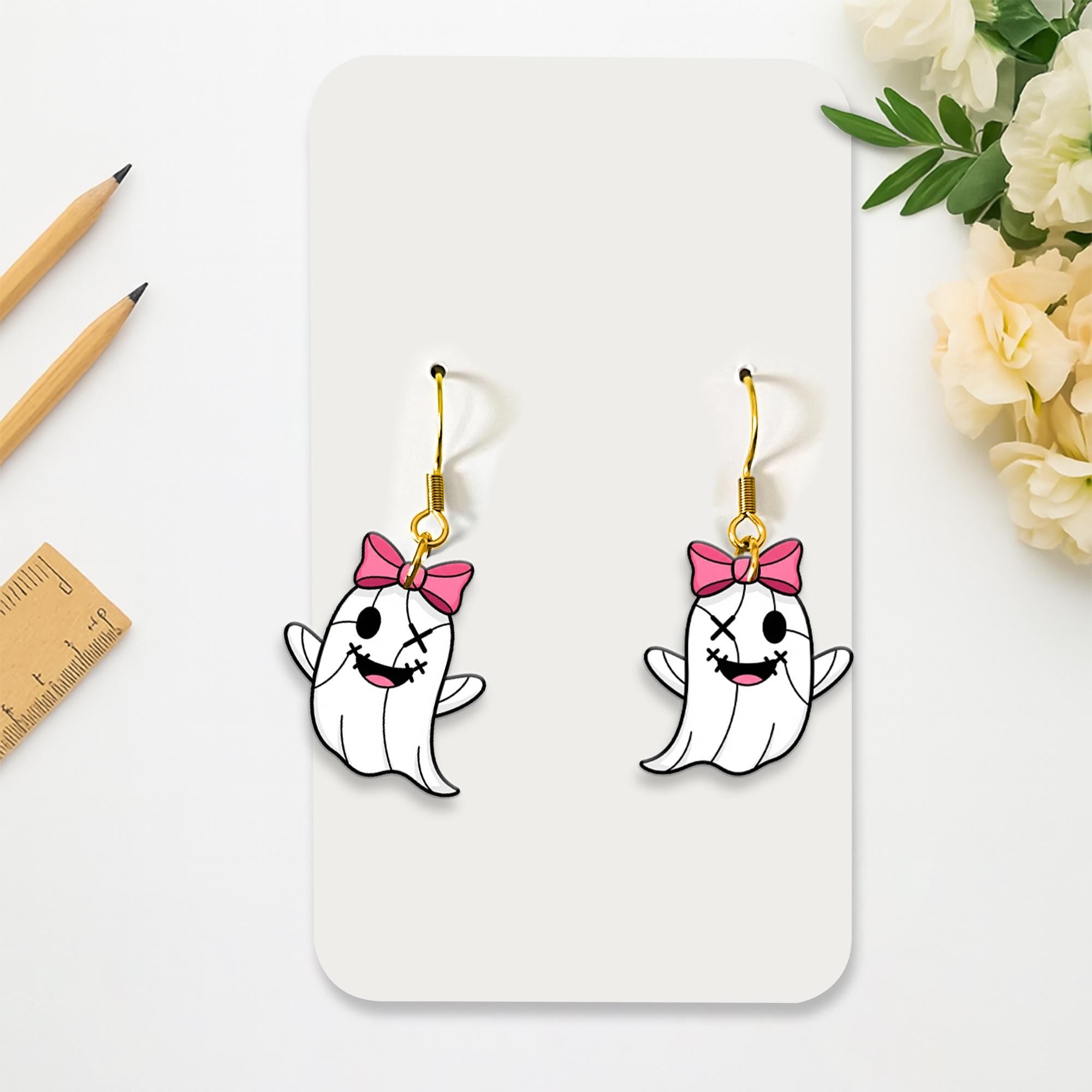 Cute Pirate Ghost Earrings with Pink Bow, Fun Halloween Dangle Jewelry, Spooky Cute Statement Earrings for Women, Gift For Nurse, Teachers