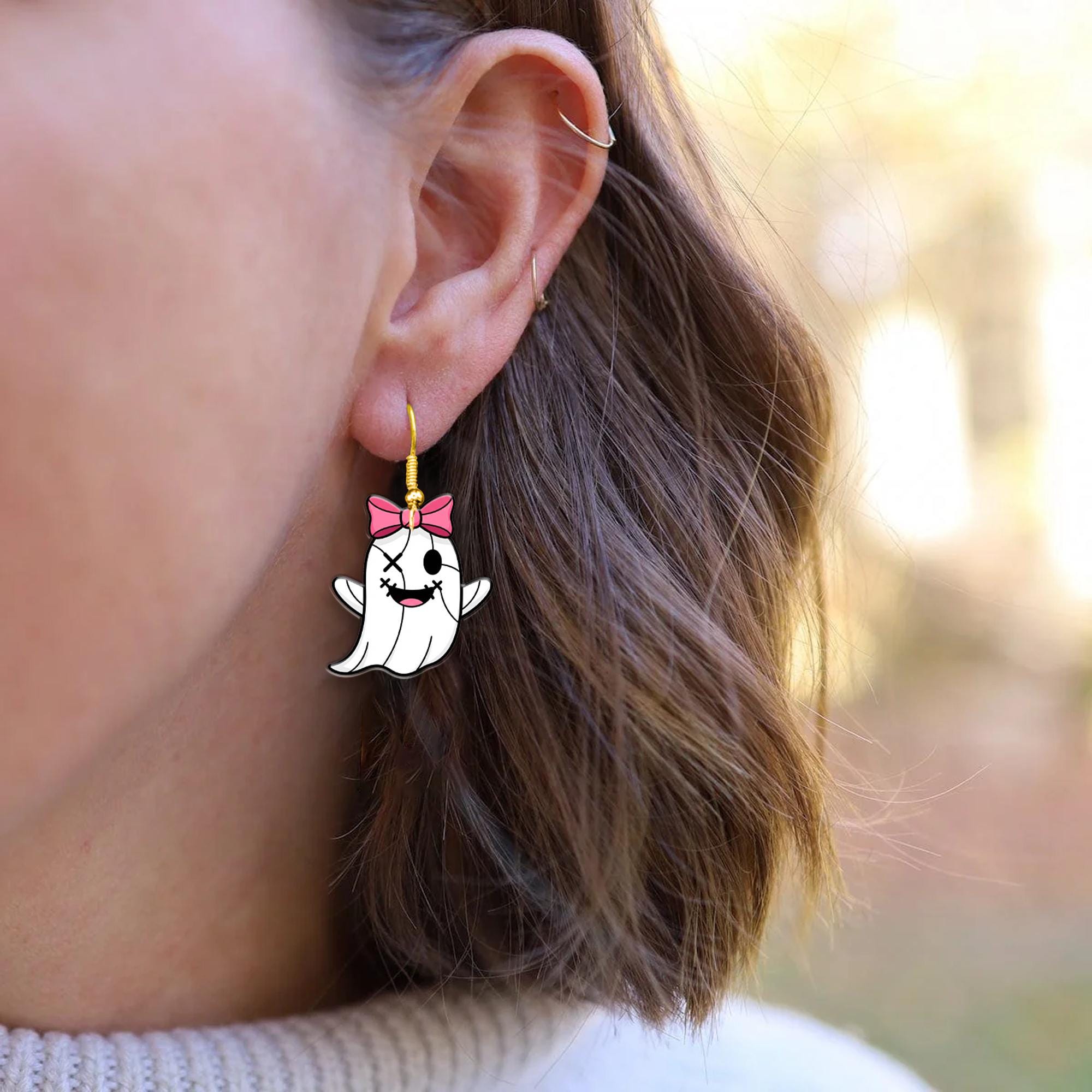 Cute Pirate Ghost Earrings with Pink Bow, Fun Halloween Dangle Jewelry, Spooky Cute Statement Earrings for Women, Gift For Nurse, Teachers