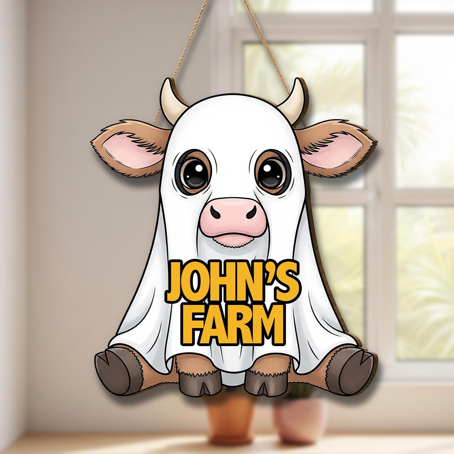 Cute Cow in Ghost Costume Door Sign, Personalized Farmhouse Door Decor, Custom Barn Sign for Farmers and Animal Lovers, Fall Door Sign