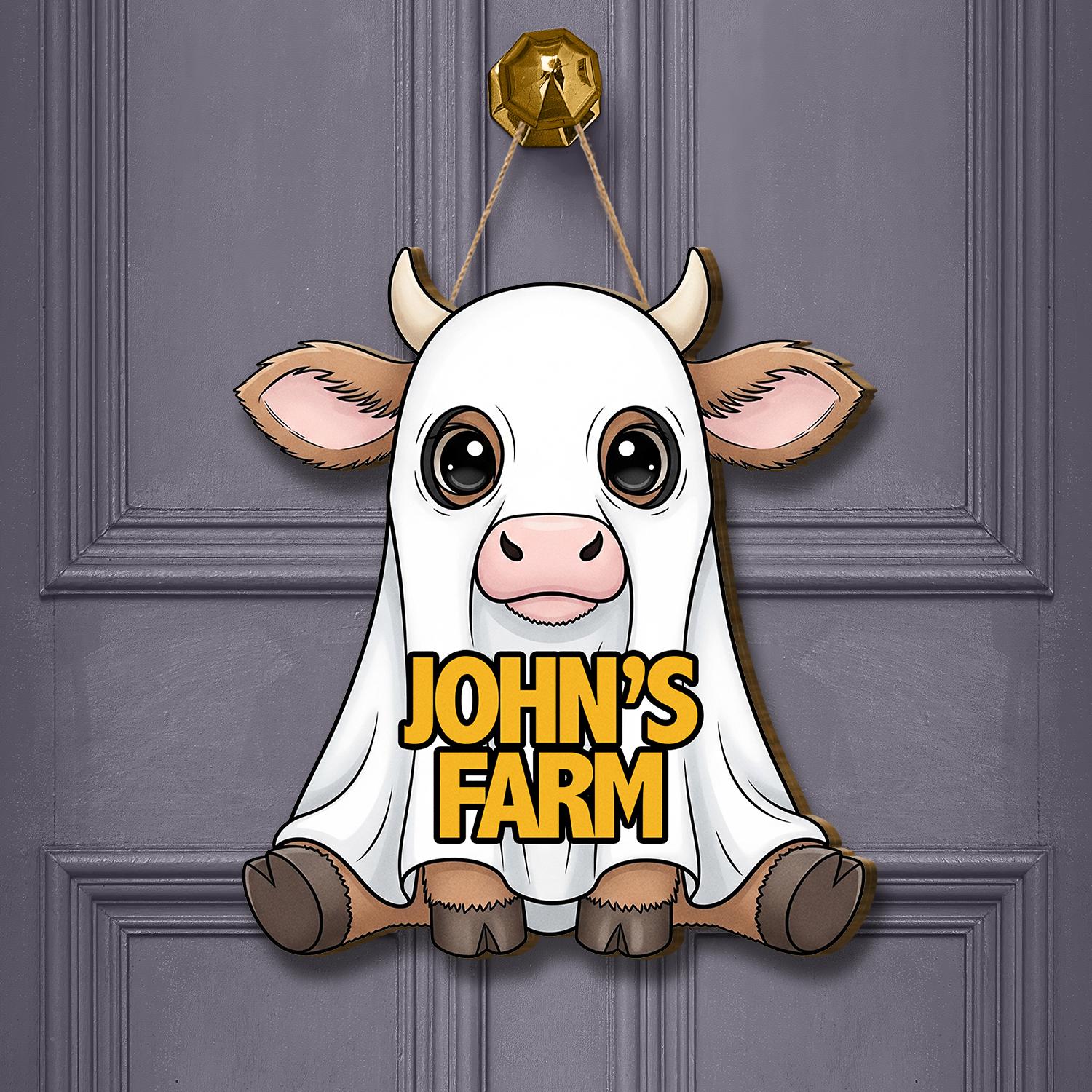 Cute Cow in Ghost Costume Door Sign, Personalized Farmhouse Door Decor, Custom Barn Sign for Farmers and Animal Lovers, Fall Door Sign