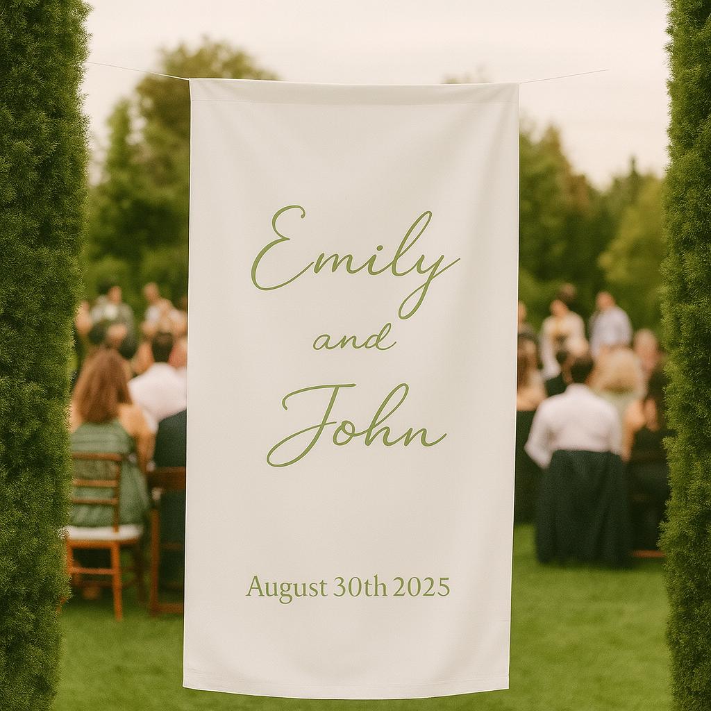Personalized Wedding Aisle Banner with Couple’s Names & Date – Elegant Hanging Sign for Ceremony Entrance or Photo Backdrop