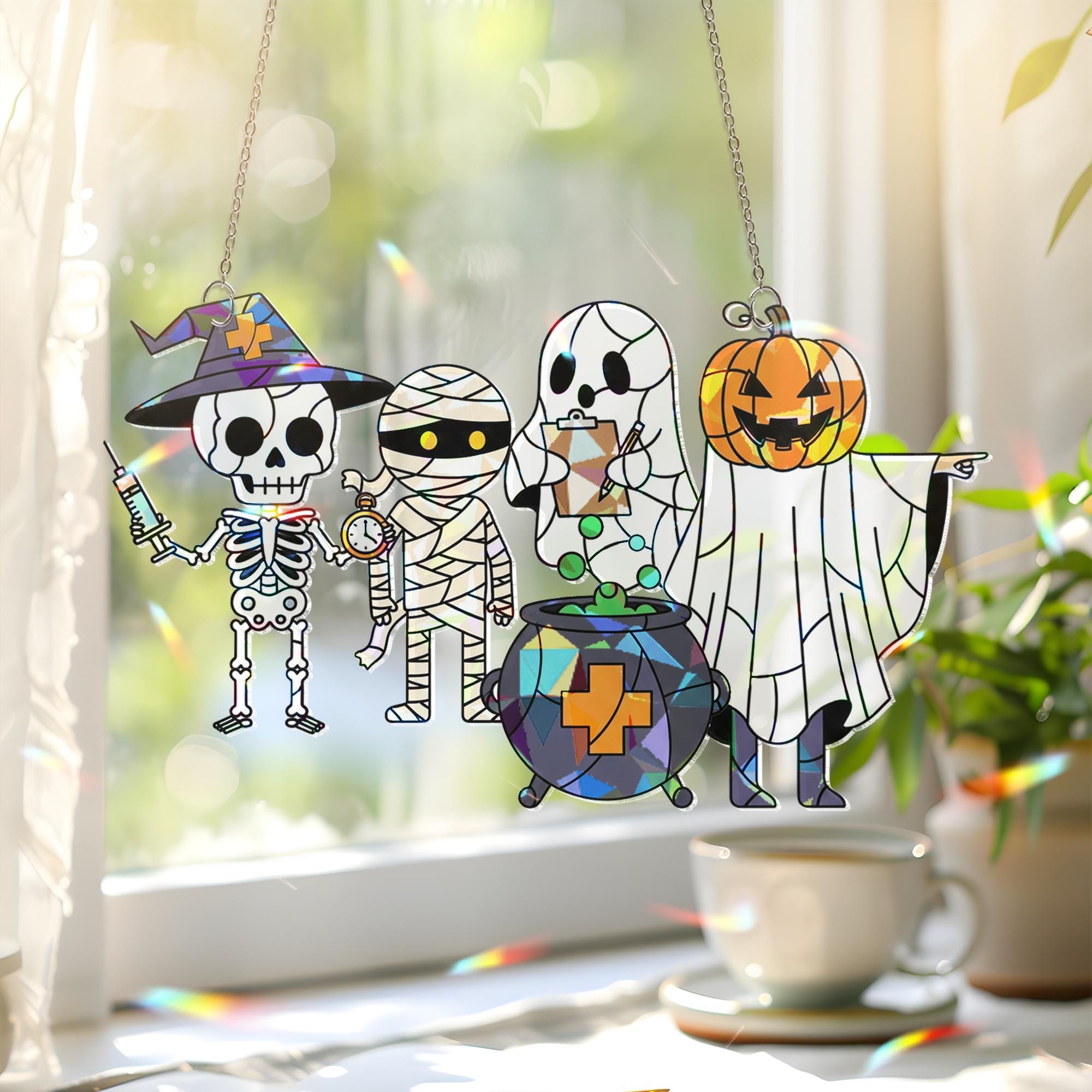 Halloween Medical Suncatcher, Skeleton Nurse Doctor Ghost Pumpkin Window Decor, Spooky Healthcare Acrylic Decoration, Cute Nurse Gift