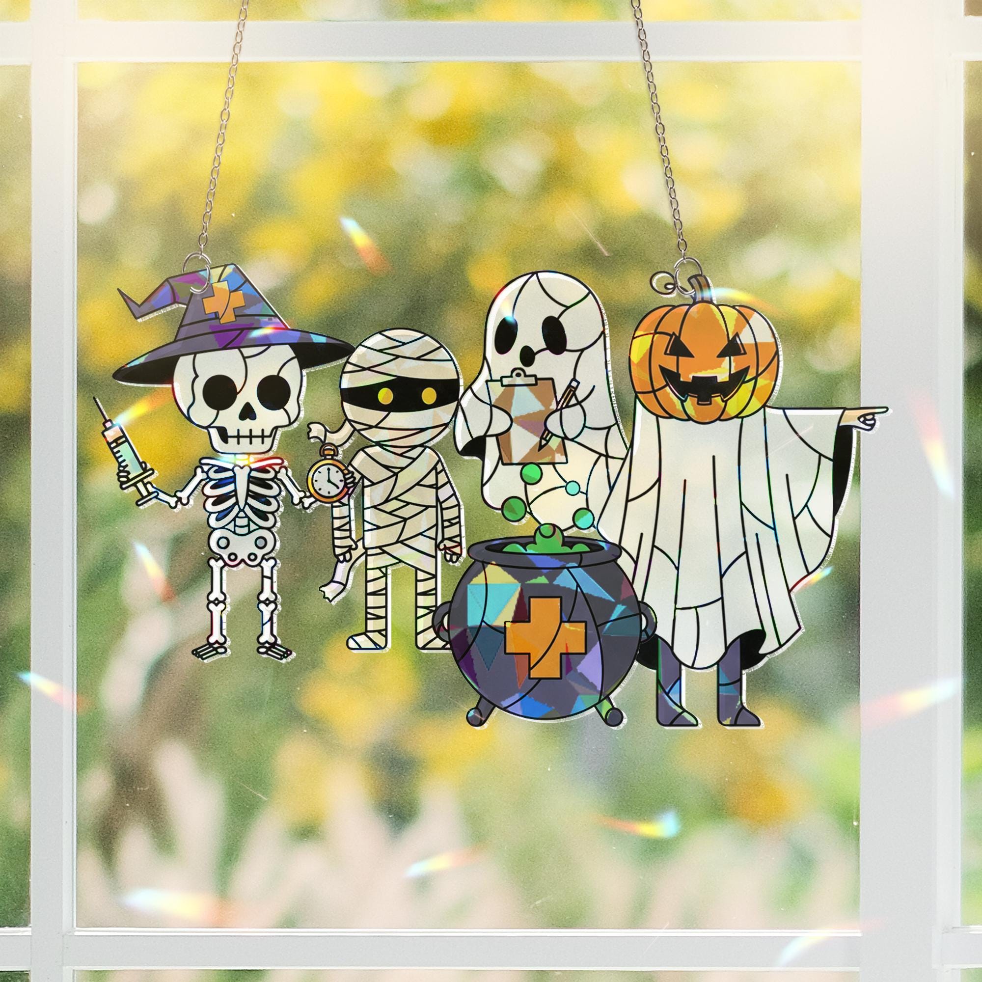 Halloween Medical Suncatcher, Skeleton Nurse Doctor Ghost Pumpkin Window Decor, Spooky Healthcare Acrylic Decoration, Cute Nurse Gift