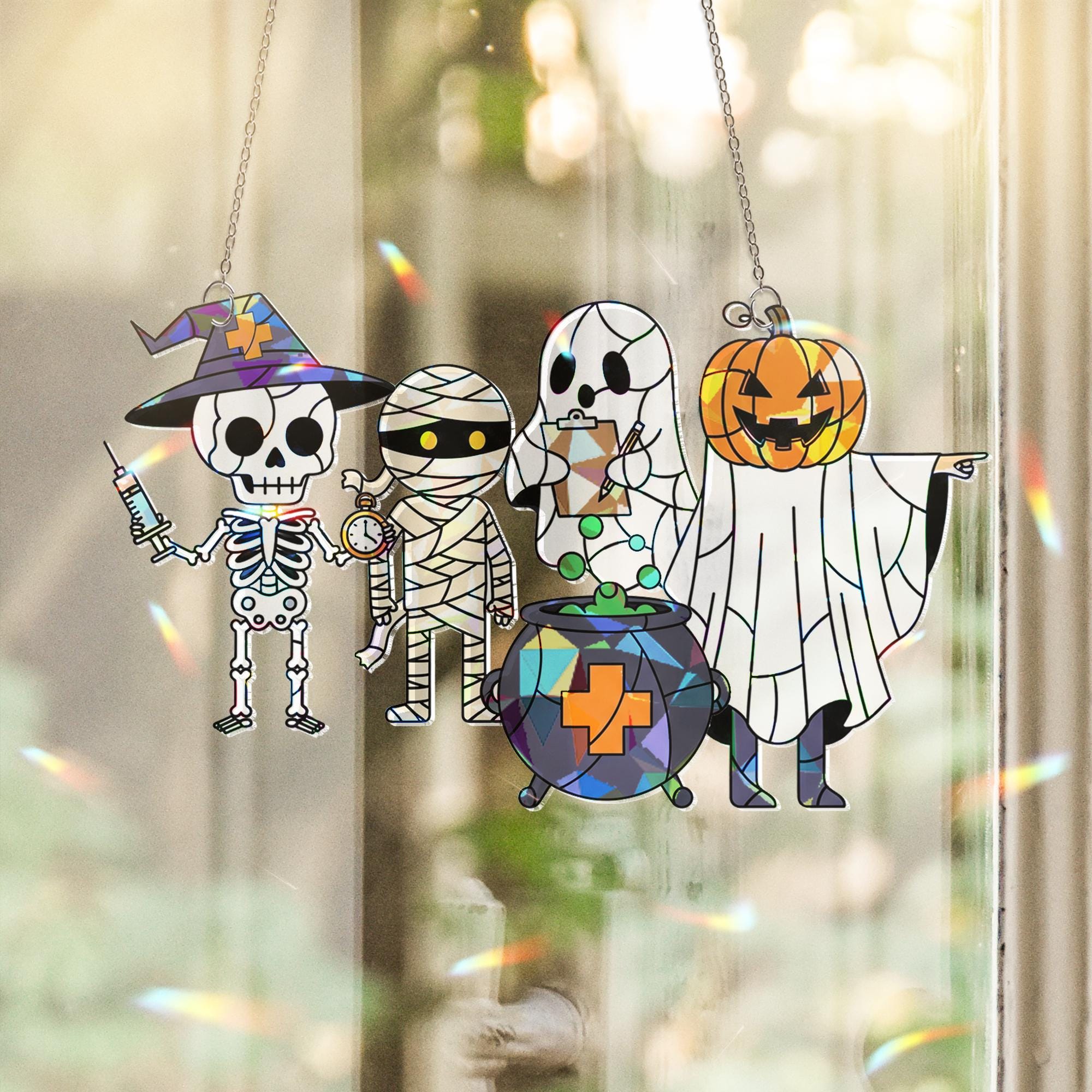 Halloween Medical Suncatcher, Skeleton Nurse Doctor Ghost Pumpkin Window Decor, Spooky Healthcare Acrylic Decoration, Cute Nurse Gift