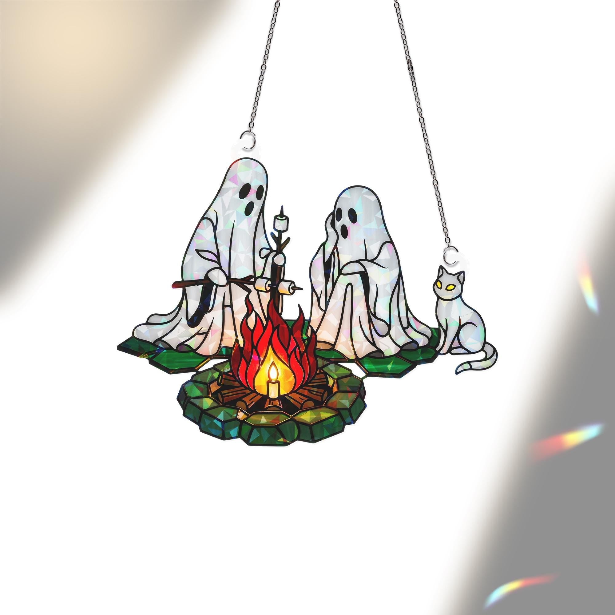 Ghost Campfire Suncatcher – Holographic Acrylic Halloween Window Decor with Cat & Fire, Cute Spooky Sun Catcher