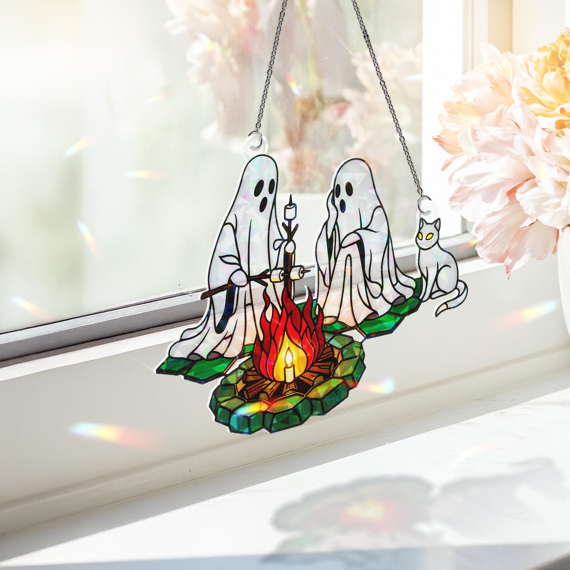 Ghost Campfire Suncatcher – Holographic Acrylic Halloween Window Decor with Cat & Fire, Cute Spooky Sun Catcher
