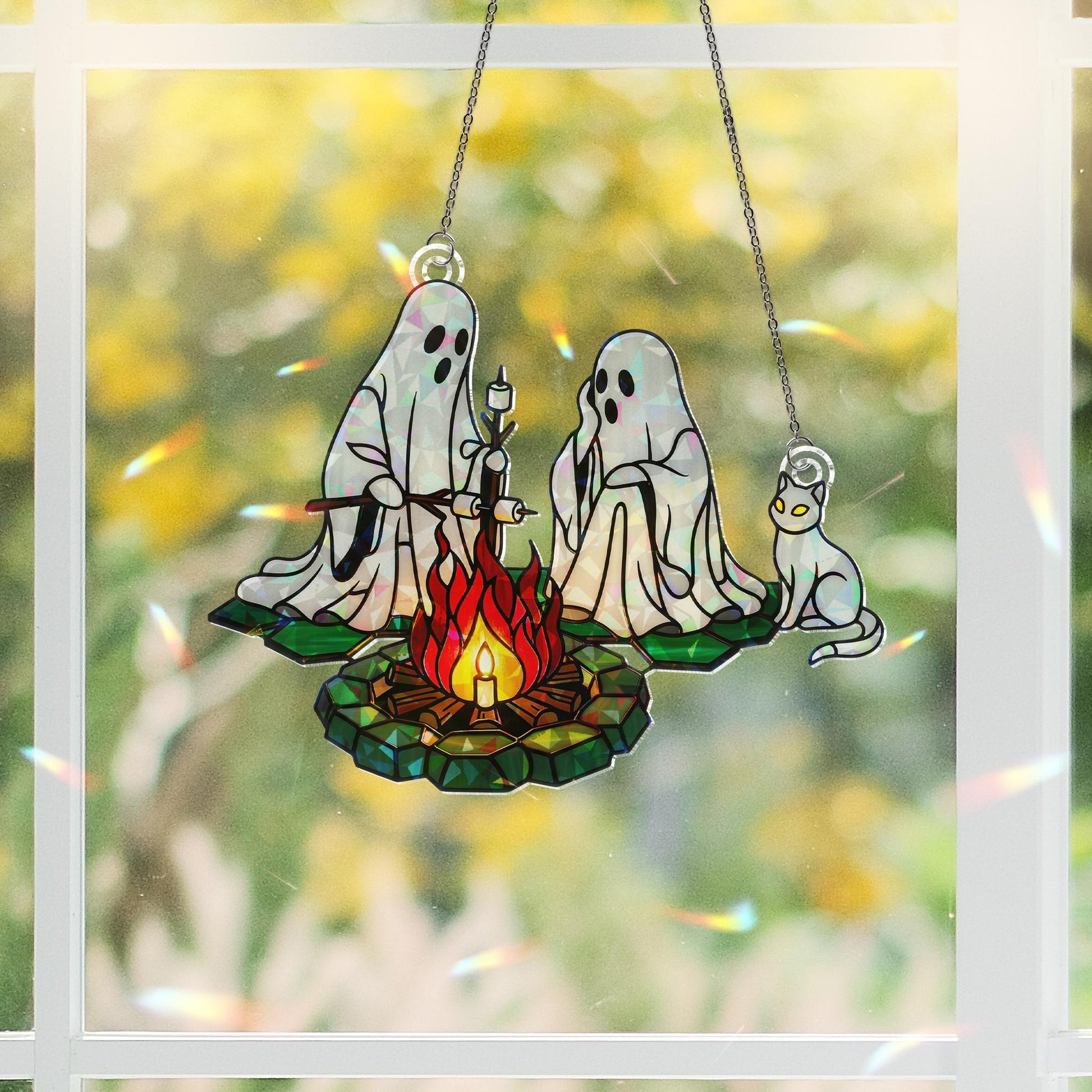 Ghost Campfire Suncatcher – Holographic Acrylic Halloween Window Decor with Cat & Fire, Cute Spooky Sun Catcher