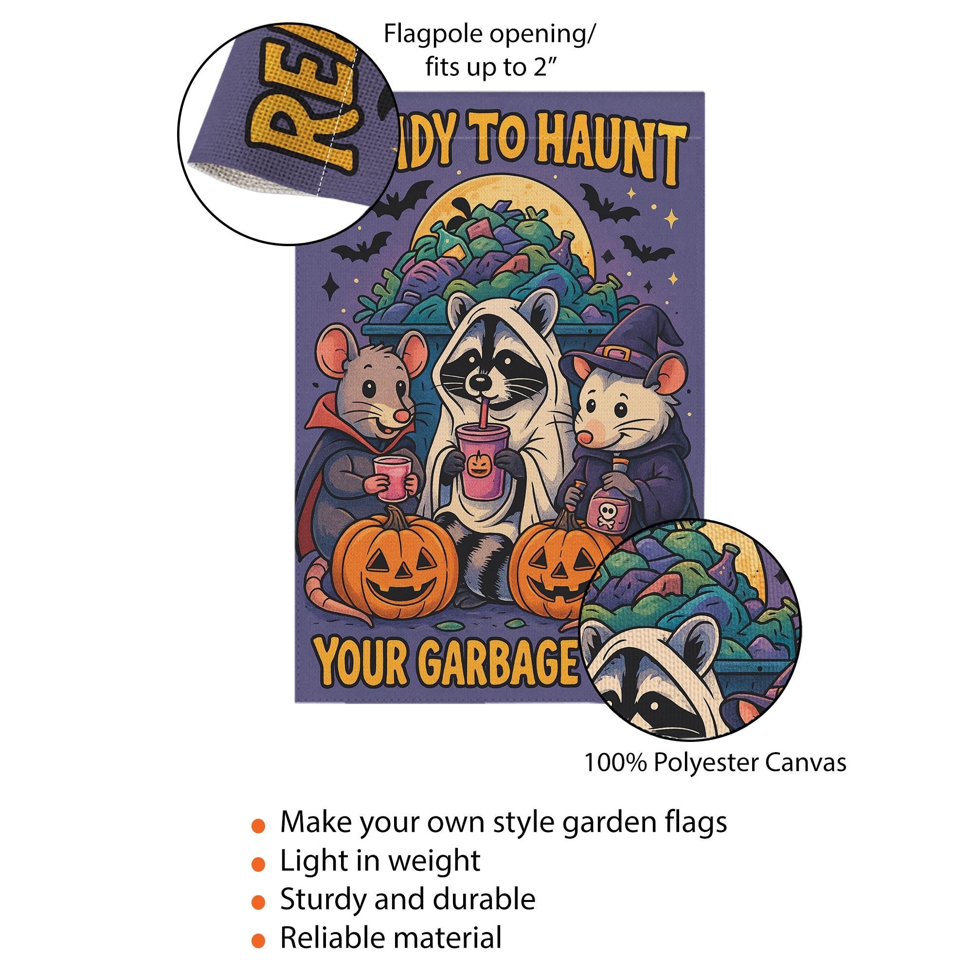 Ready to Haunt Your Garbage Cans Halloween Garden Flag | Trick‑or‑Treat Raccoons & Pumpkins Outdoor Decor