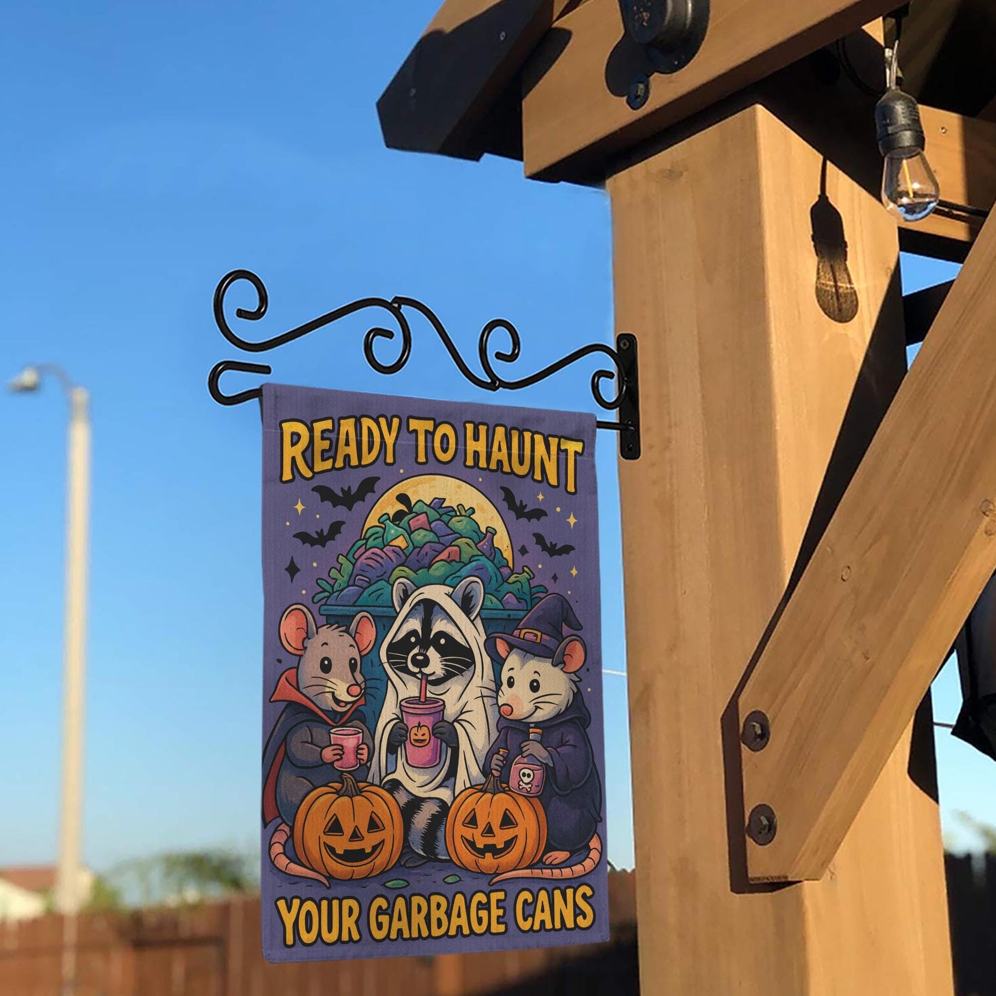 Ready to Haunt Your Garbage Cans Halloween Garden Flag | Trick‑or‑Treat Raccoons & Pumpkins Outdoor Decor