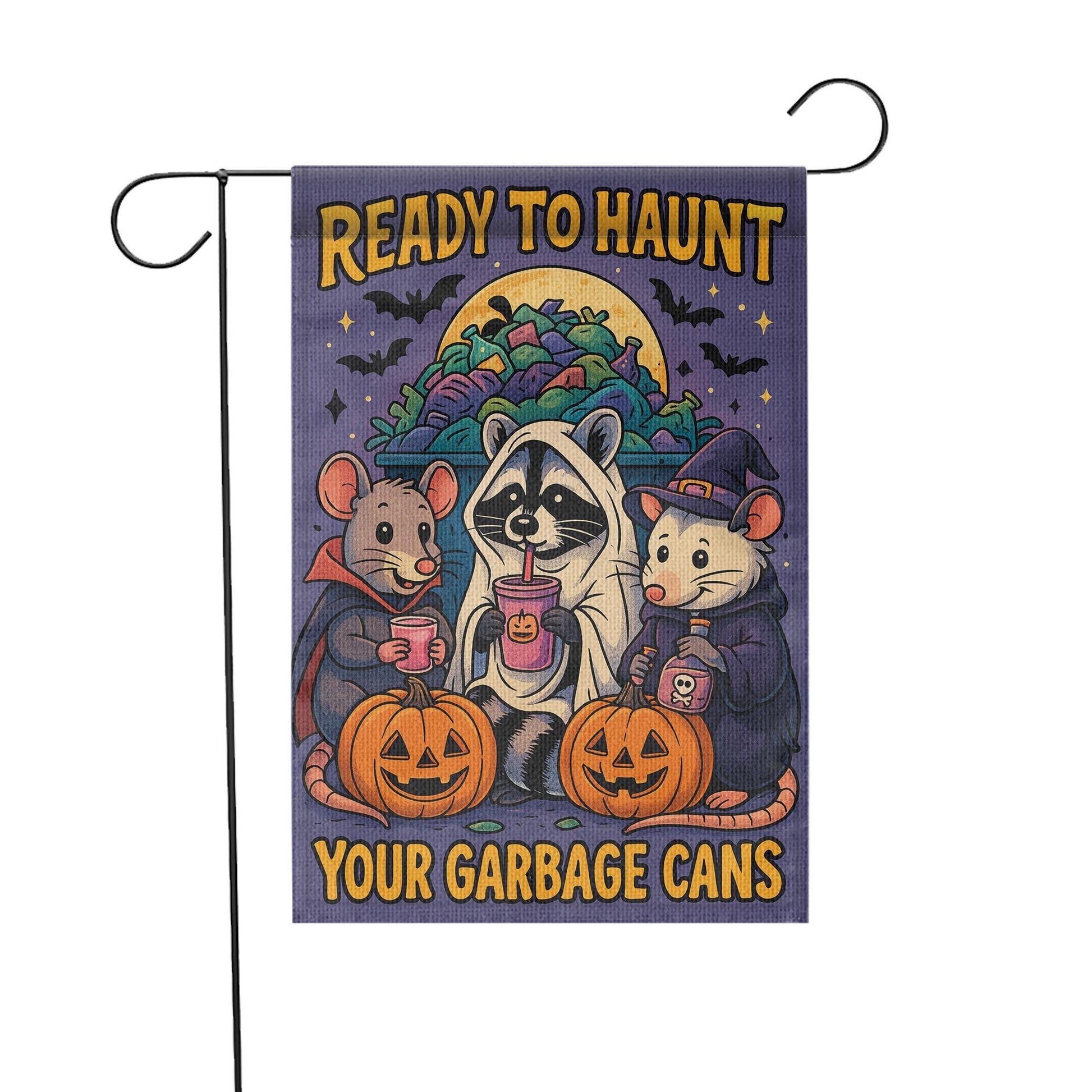 Ready to Haunt Your Garbage Cans Halloween Garden Flag | Trick‑or‑Treat Raccoons & Pumpkins Outdoor Decor