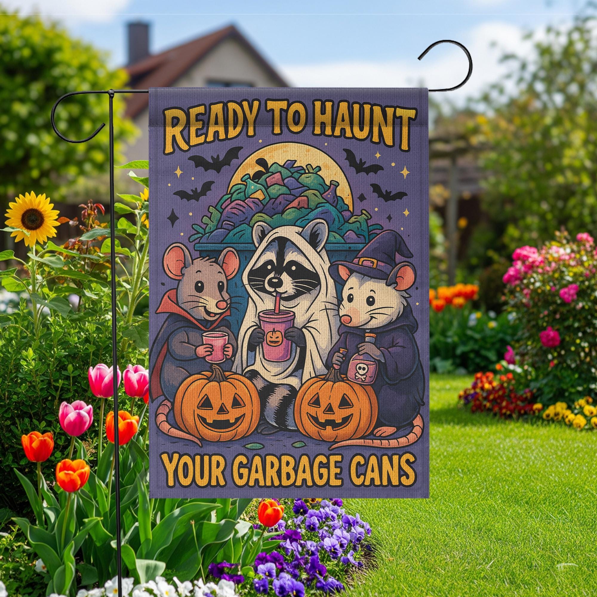 Ready to Haunt Your Garbage Cans Halloween Garden Flag | Trick‑or‑Treat Raccoons & Pumpkins Outdoor Decor