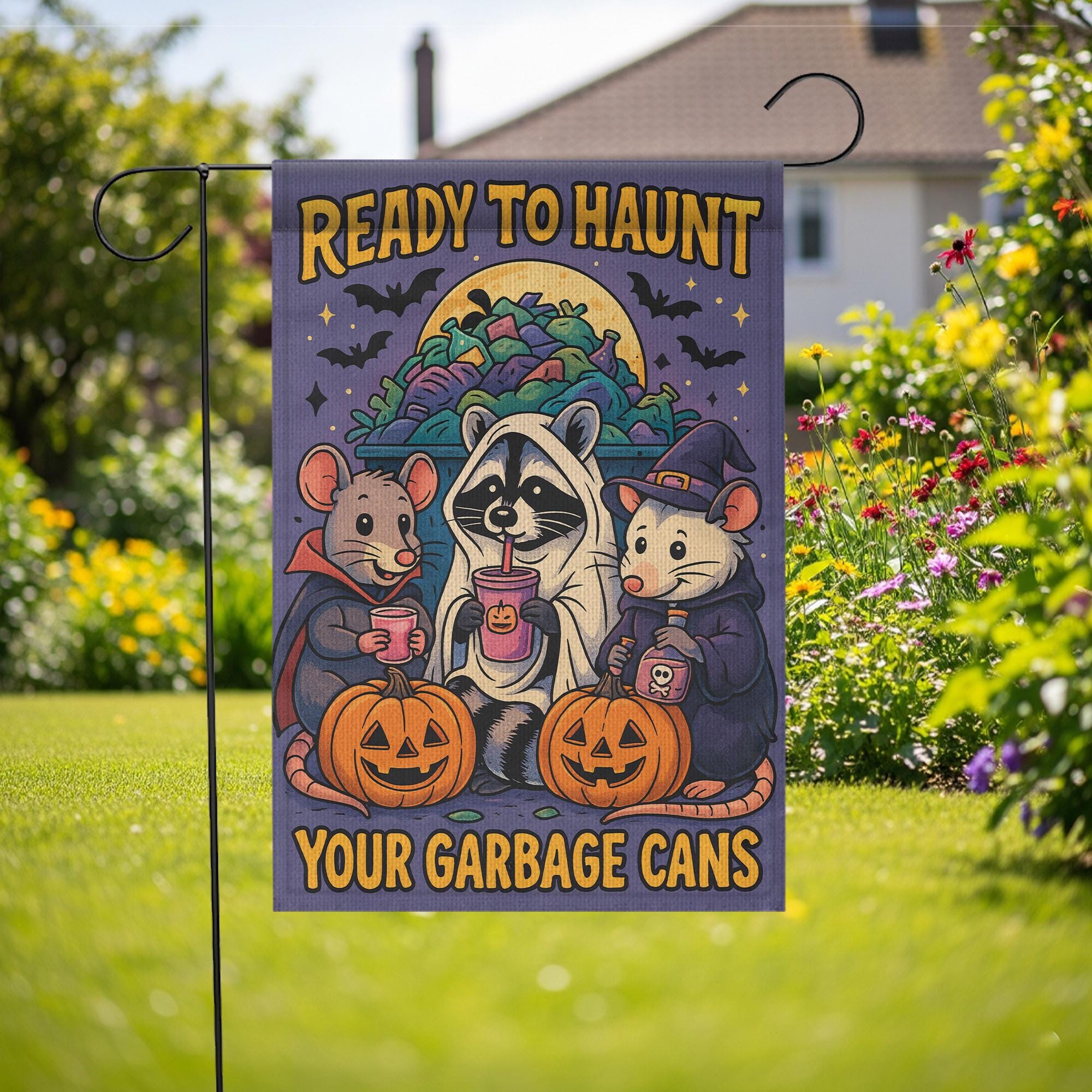 Ready to Haunt Your Garbage Cans Halloween Garden Flag | Trick‑or‑Treat Raccoons & Pumpkins Outdoor Decor