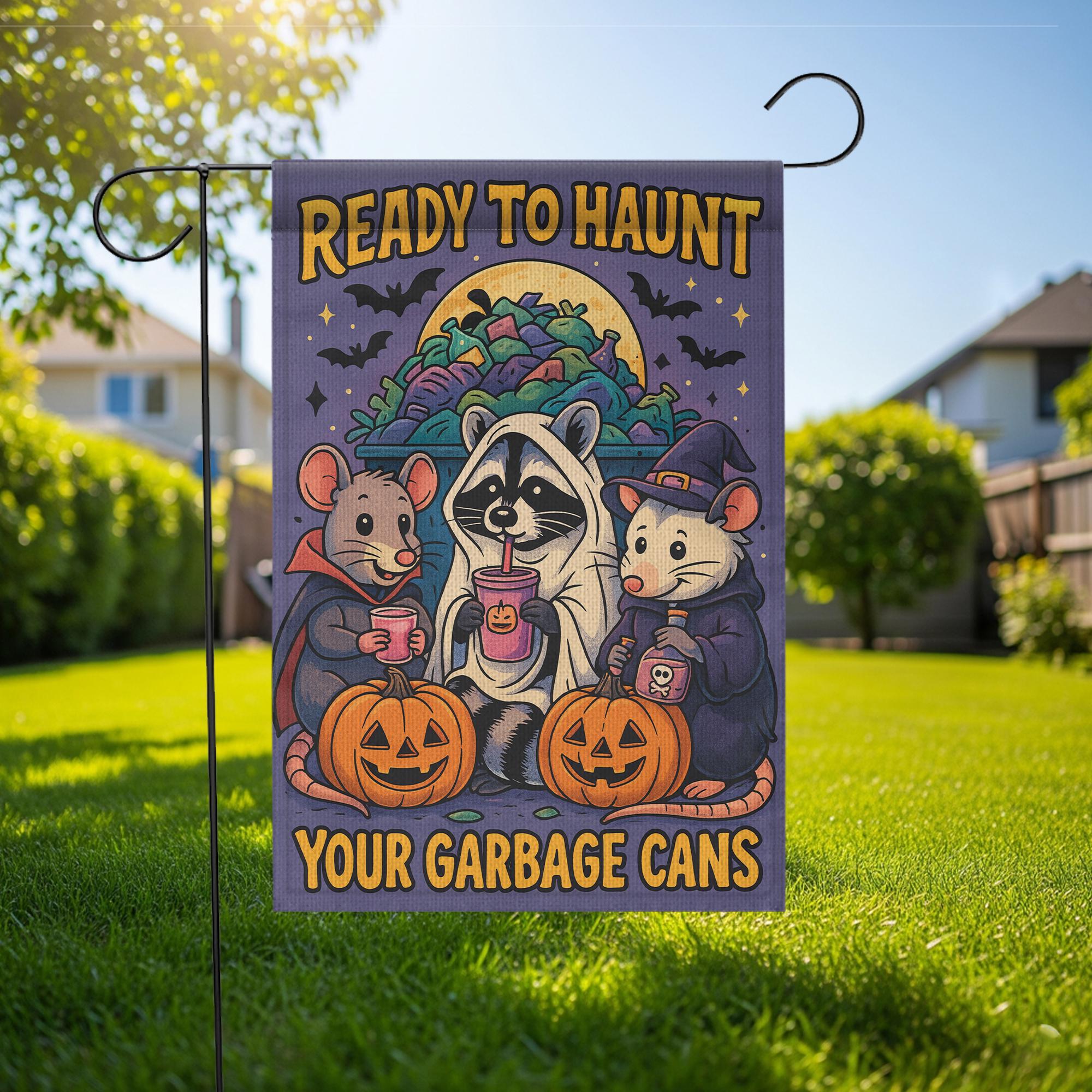 Ready to Haunt Your Garbage Cans Halloween Garden Flag | Trick‑or‑Treat Raccoons & Pumpkins Outdoor Decor