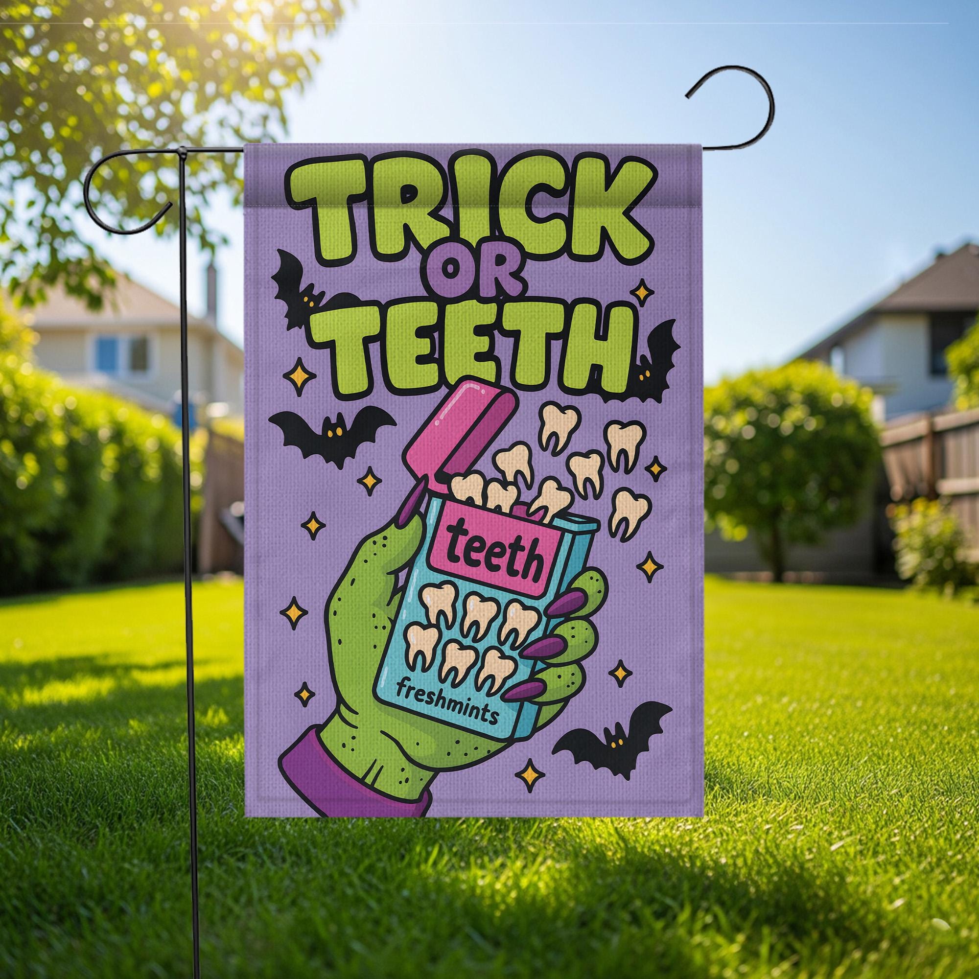 Trick or Teeth Halloween Garden Flag | Funny Green Hand, Candy Teeth & Bats Outdoor Decor