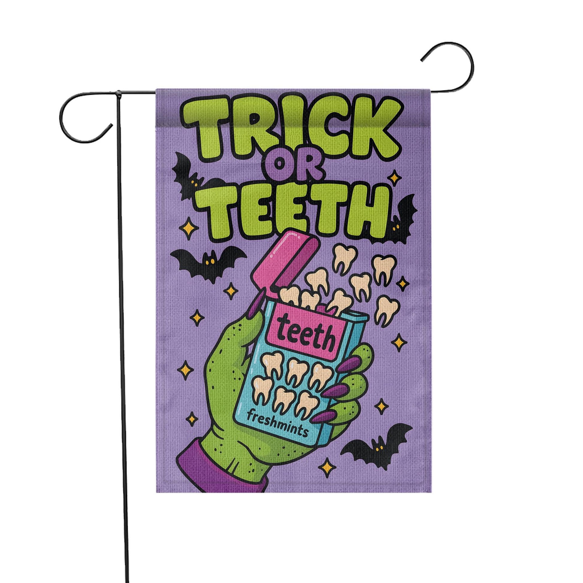 Trick or Teeth Halloween Garden Flag | Funny Green Hand, Candy Teeth & Bats Outdoor Decor