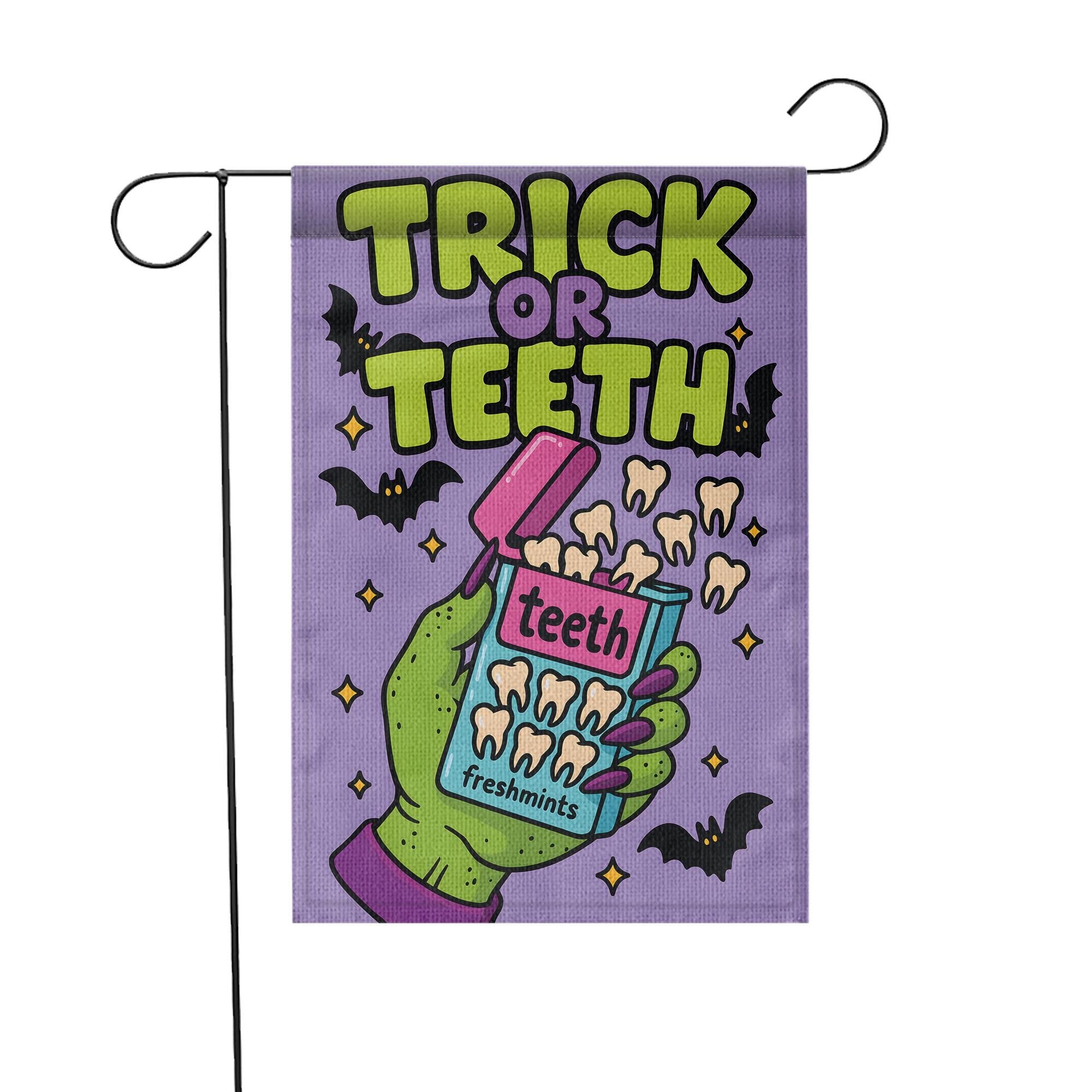 Trick or Teeth Halloween Garden Flag | Funny Green Hand, Candy Teeth & Bats Outdoor Decor