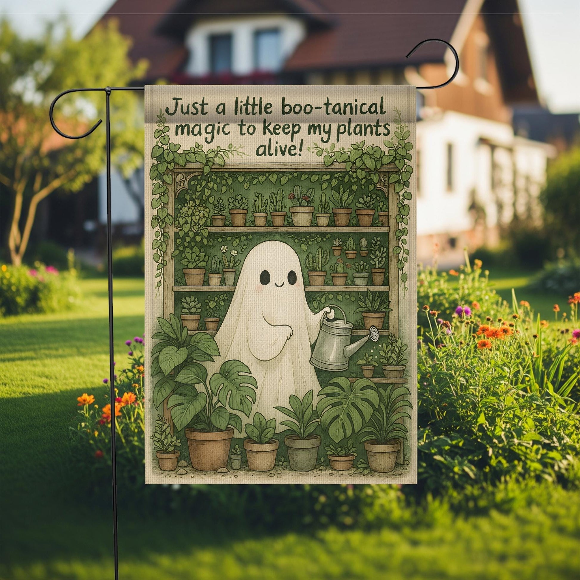 Just a Little Boo‑tanical Magic Ghost Garden Flag | Halloween Plant Lover Decor