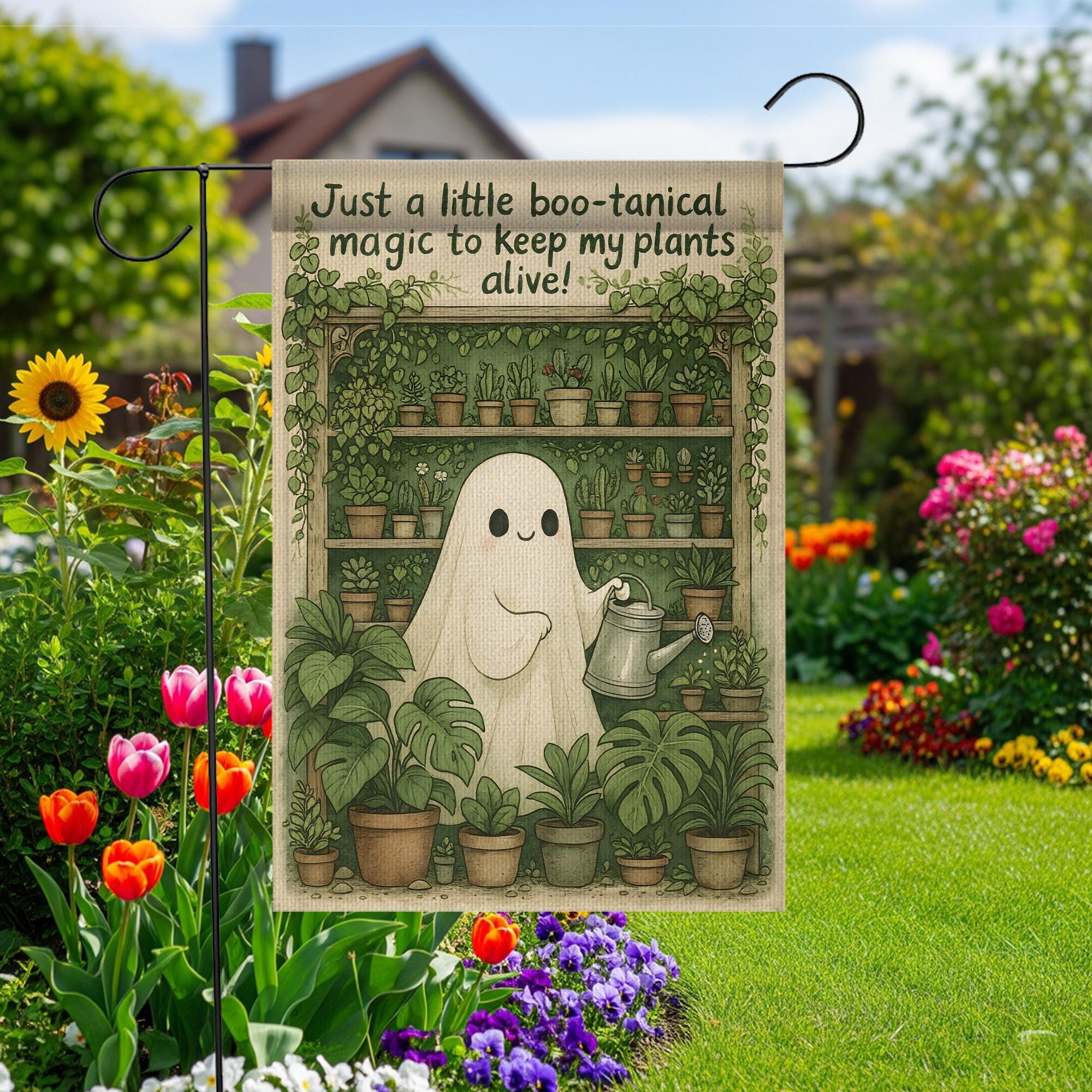 Just a Little Boo‑tanical Magic Ghost Garden Flag | Halloween Plant Lover Decor