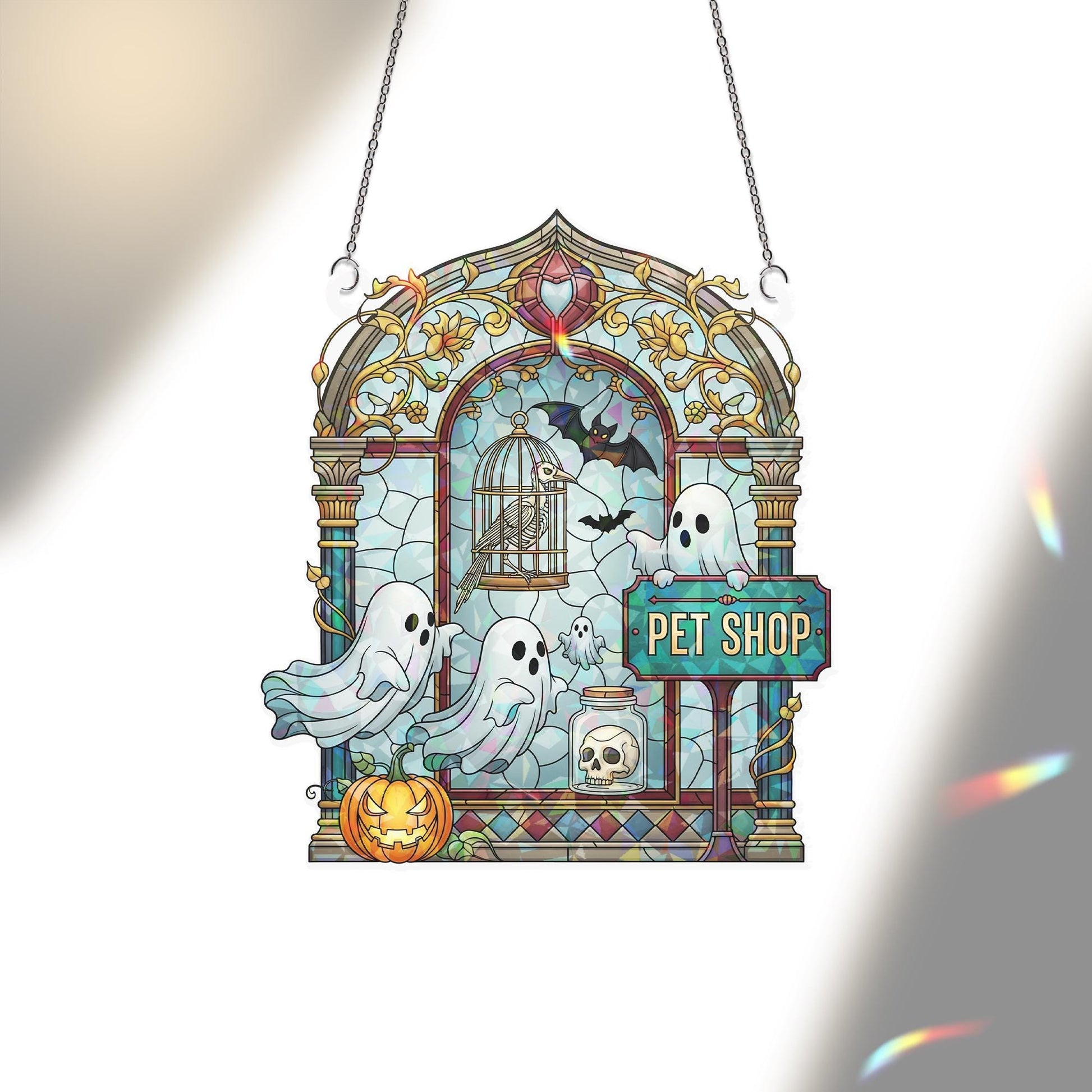 Haunted Pet Shop Suncatcher – Holographic Acrylic Halloween Window Decor with Ghosts, Bats, and Pumpkin