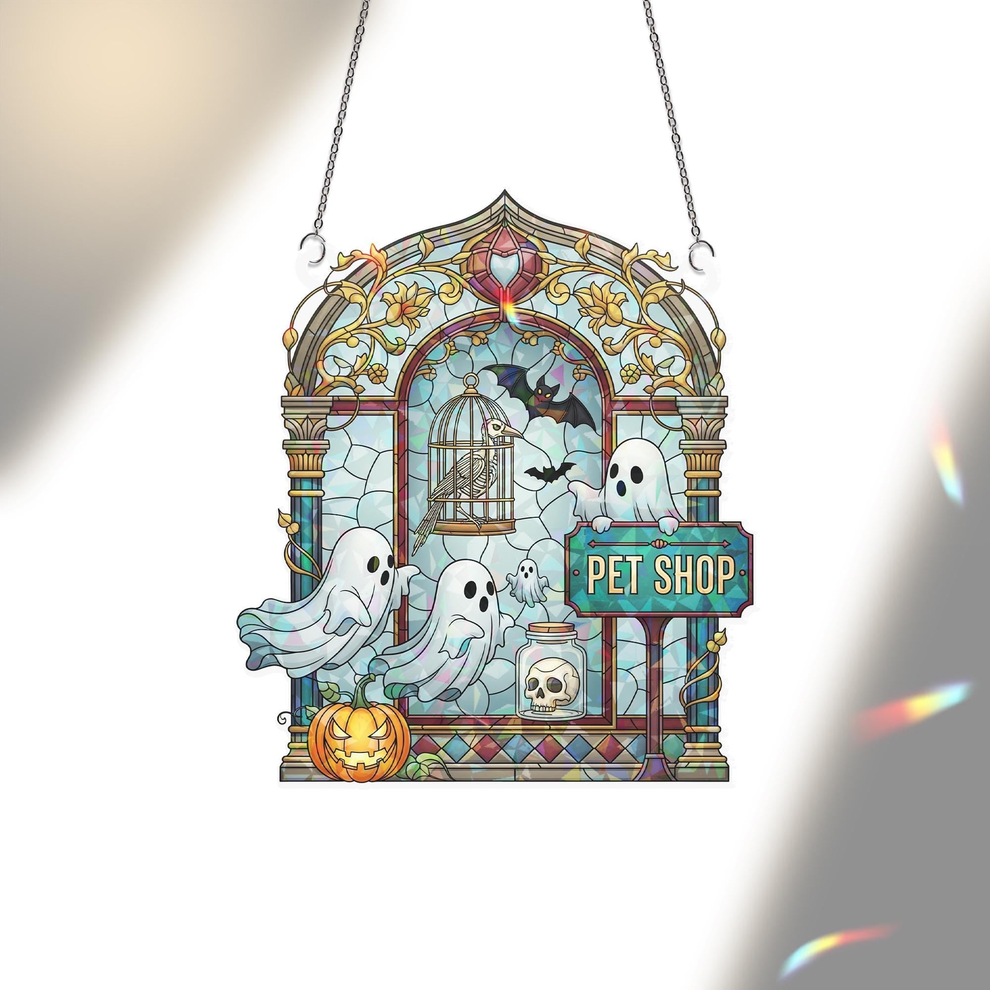 Haunted Pet Shop Suncatcher – Holographic Acrylic Halloween Window Decor with Ghosts, Bats, and Pumpkin