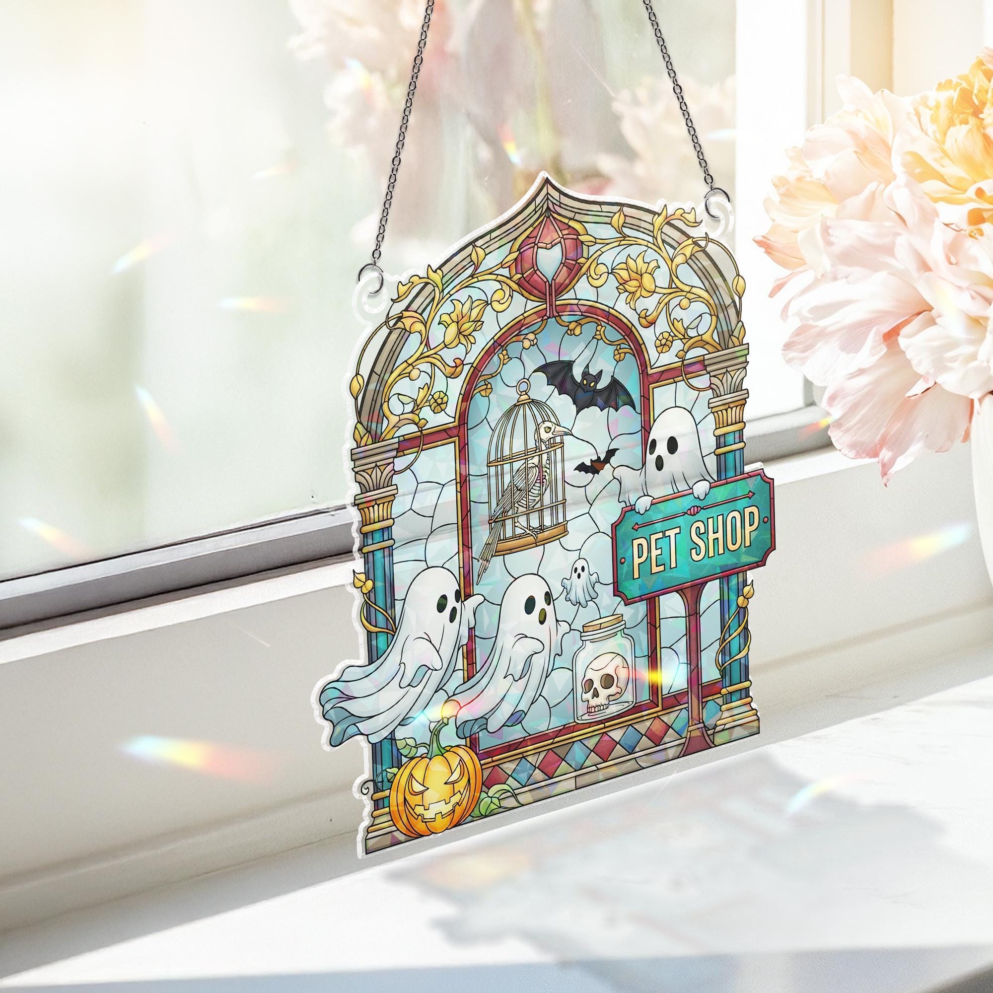 Haunted Pet Shop Suncatcher – Holographic Acrylic Halloween Window Decor with Ghosts, Bats, and Pumpkin