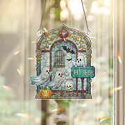 Haunted Pet Shop Suncatcher – Holographic Acrylic Halloween Window Decor with Ghosts, Bats, and Pumpkin