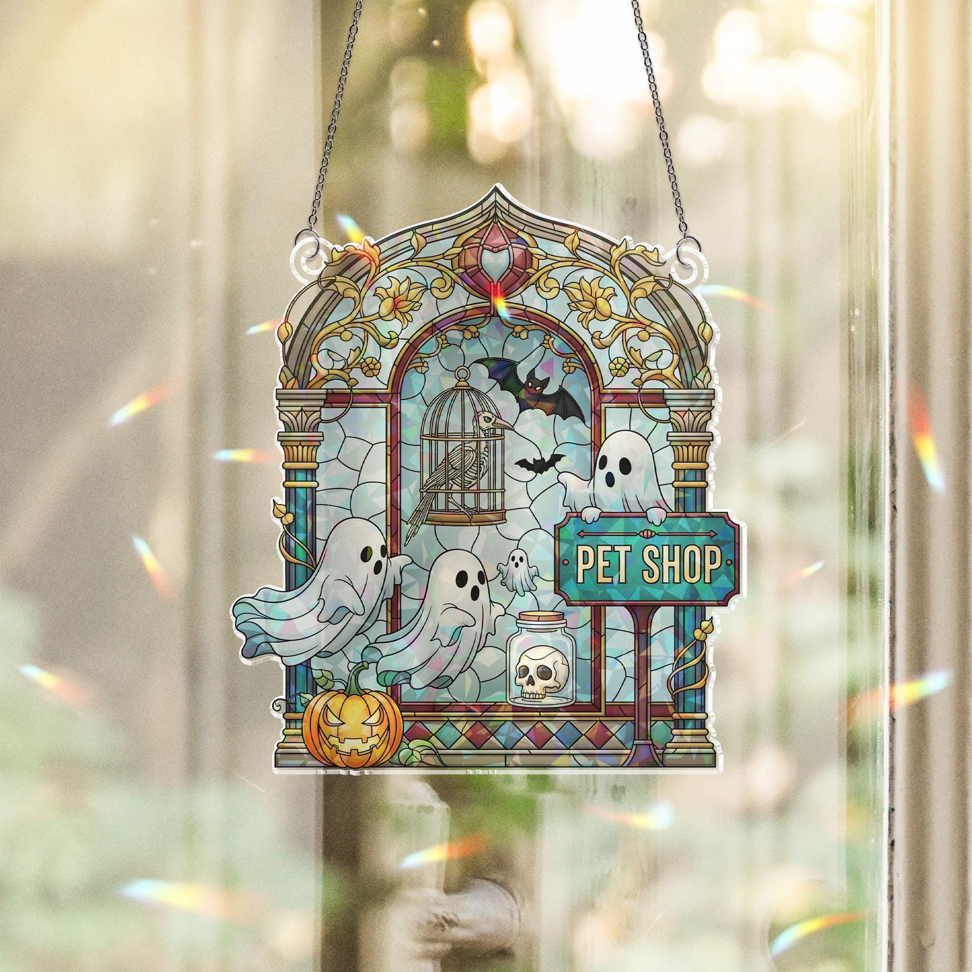 Haunted Pet Shop Suncatcher – Holographic Acrylic Halloween Window Decor with Ghosts, Bats, and Pumpkin