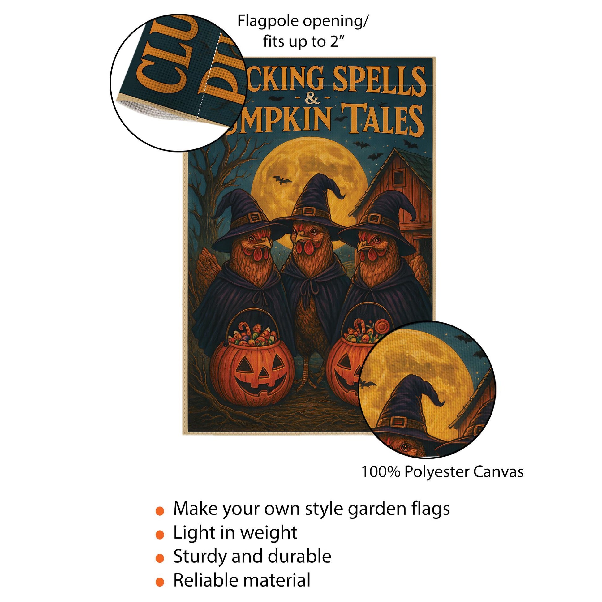 Clucking Spells and Pumpkin Tales Halloween Garden Flag | Witch Chickens in Witch Hats & Jack‑o‑Lantern Decor