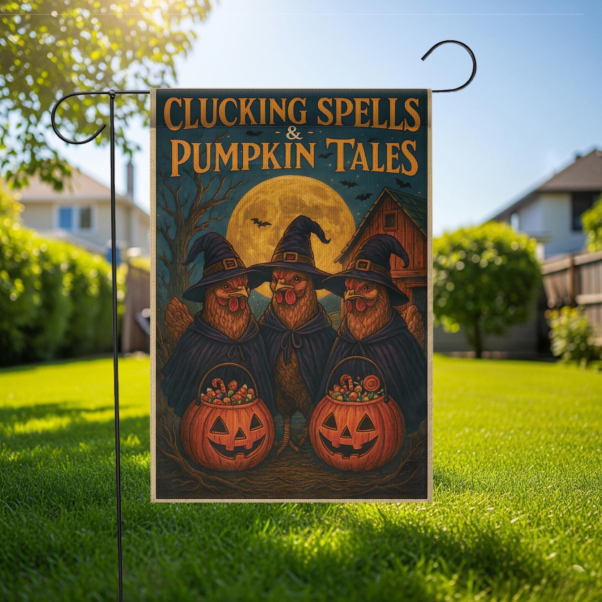 Clucking Spells and Pumpkin Tales Halloween Garden Flag | Witch Chickens in Witch Hats & Jack‑o‑Lantern Decor
