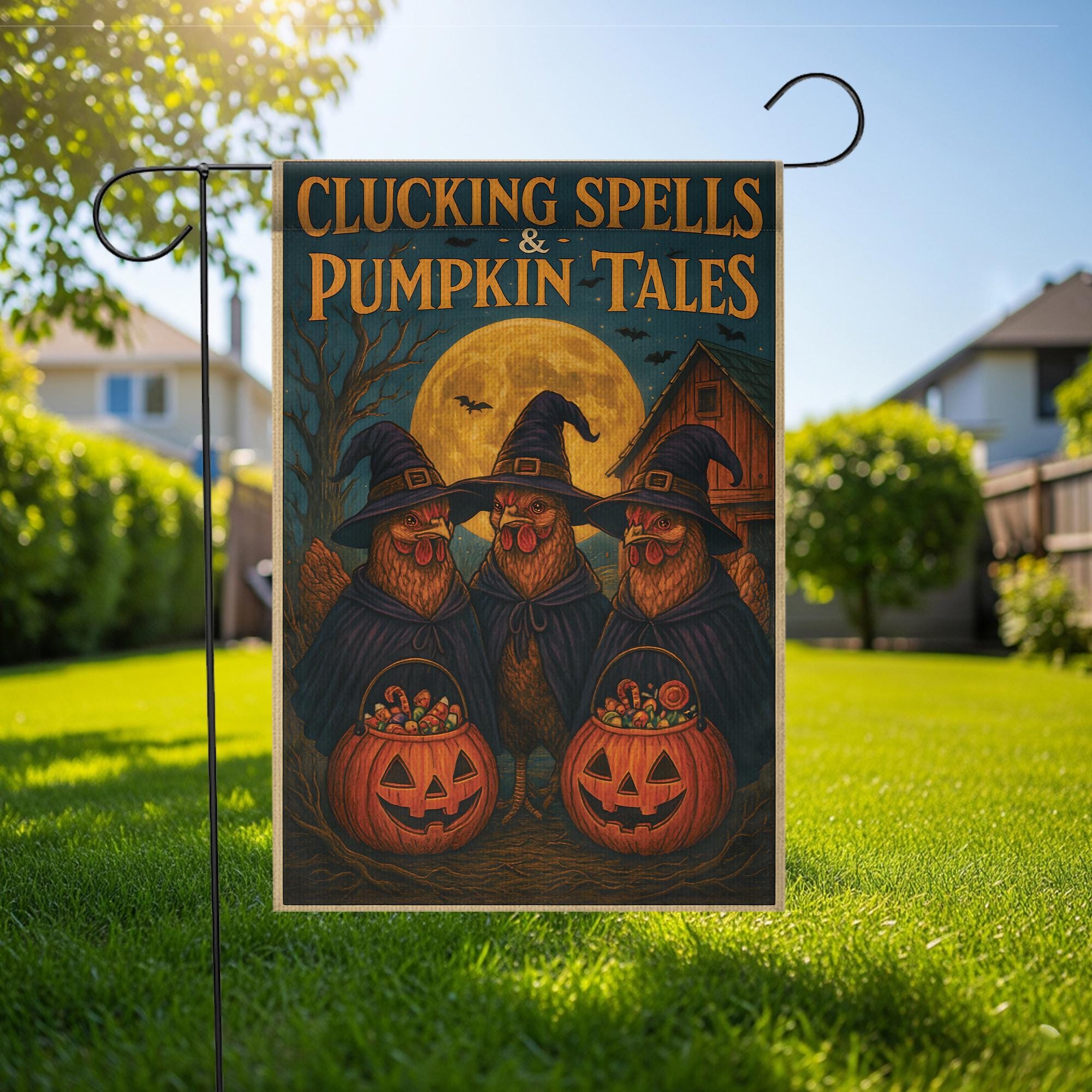 Clucking Spells and Pumpkin Tales Halloween Garden Flag | Witch Chickens in Witch Hats & Jack‑o‑Lantern Decor