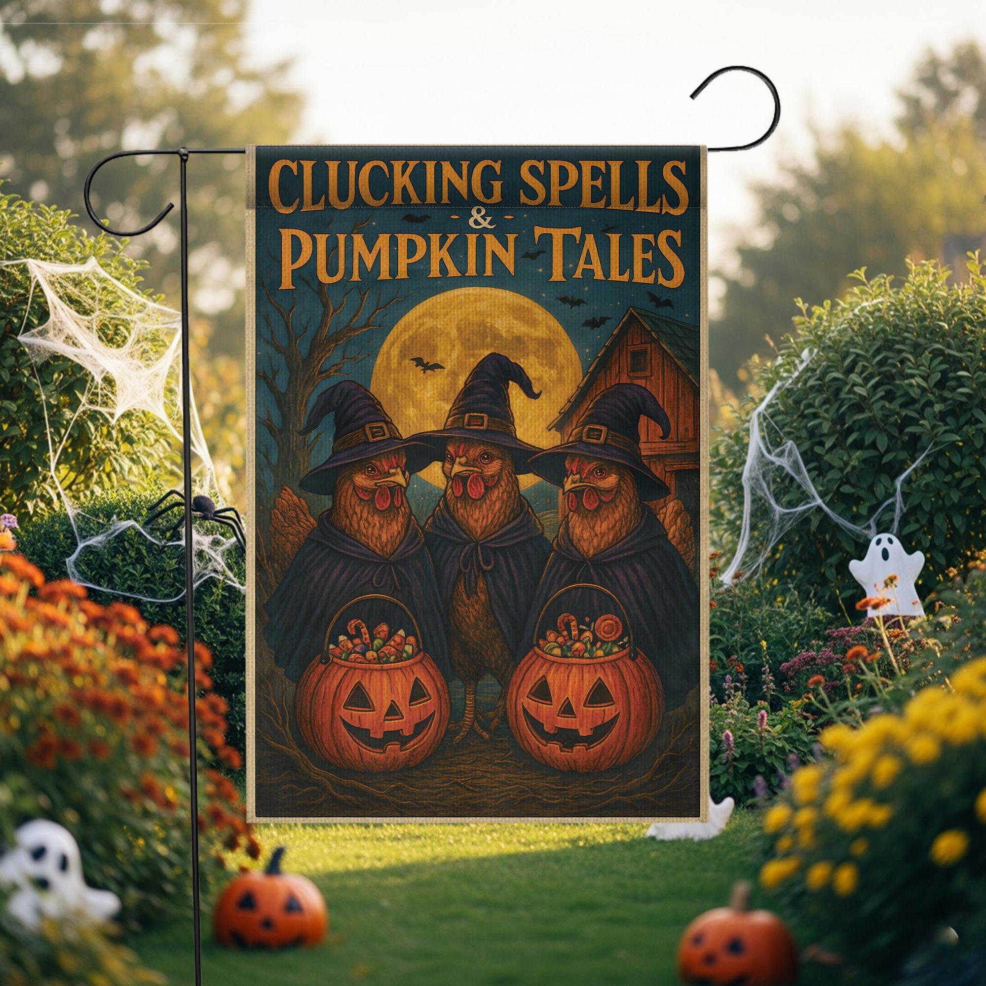 Clucking Spells and Pumpkin Tales Halloween Garden Flag | Witch Chickens in Witch Hats & Jack‑o‑Lantern Decor