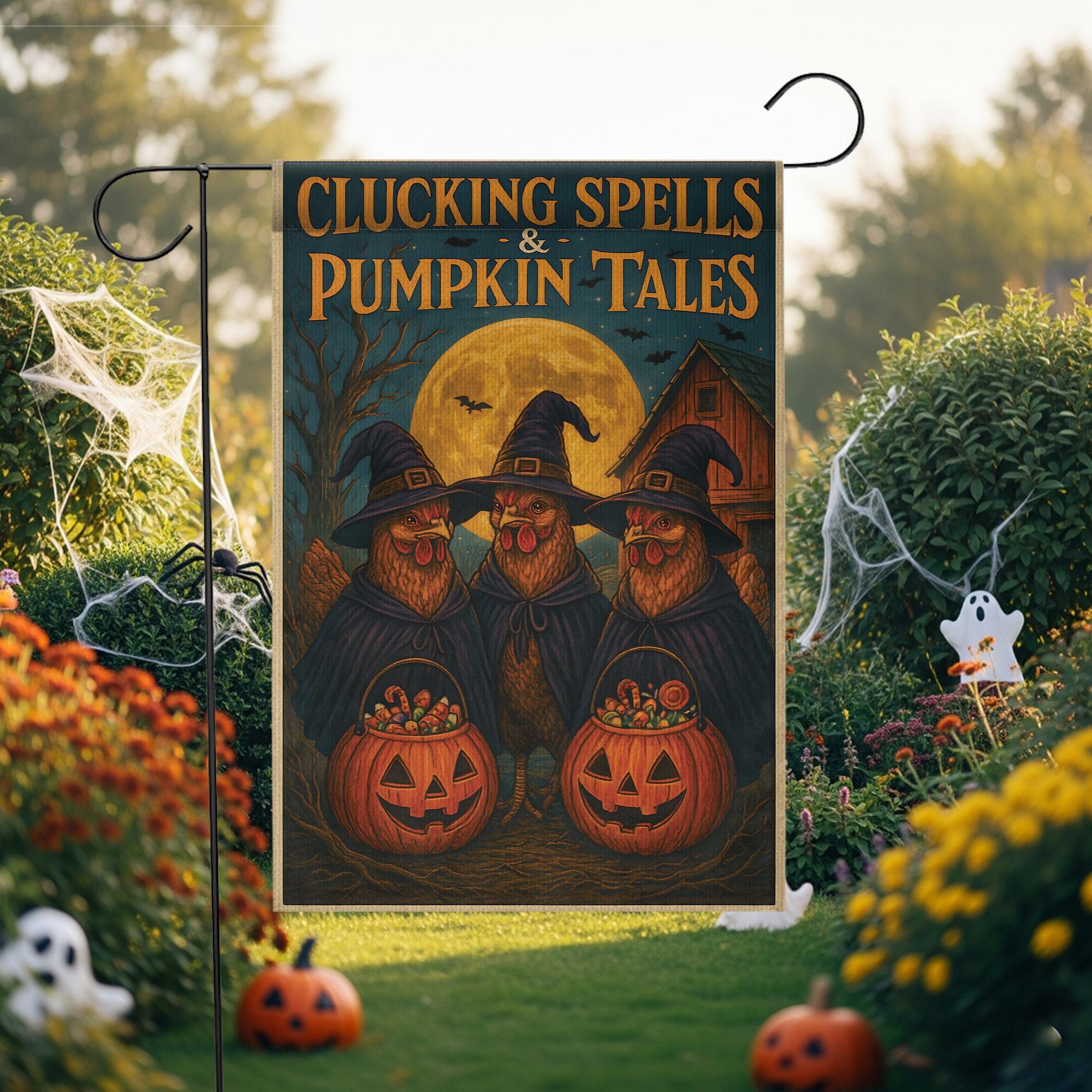 Clucking Spells and Pumpkin Tales Halloween Garden Flag | Witch Chickens in Witch Hats & Jack‑o‑Lantern Decor