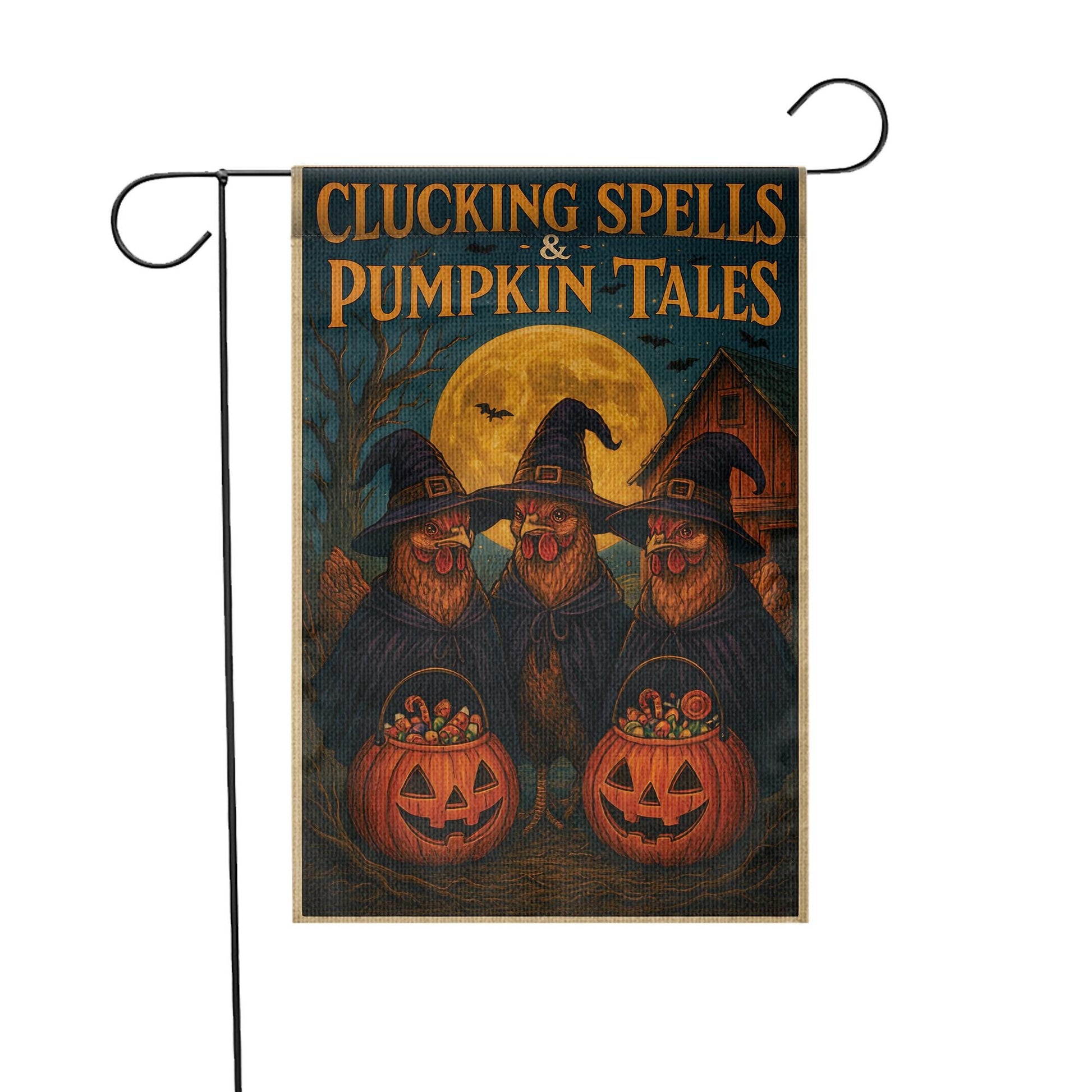 Clucking Spells and Pumpkin Tales Halloween Garden Flag | Witch Chickens in Witch Hats & Jack‑o‑Lantern Decor