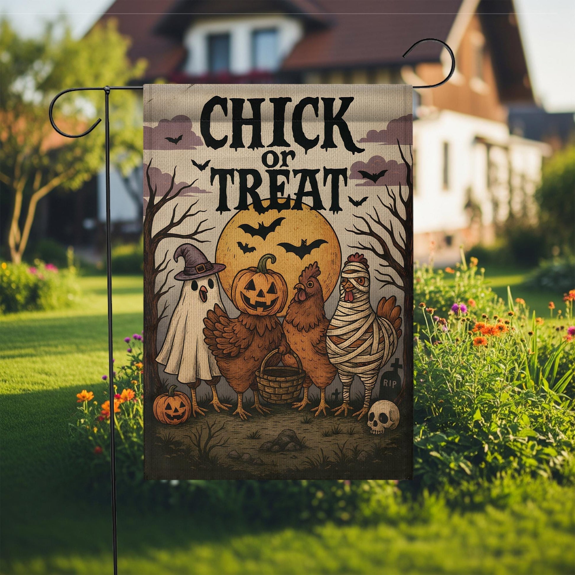 Chick or Treat Halloween Garden Flag | Funny Chicken Trio, Ghost & Pumpkin Decor