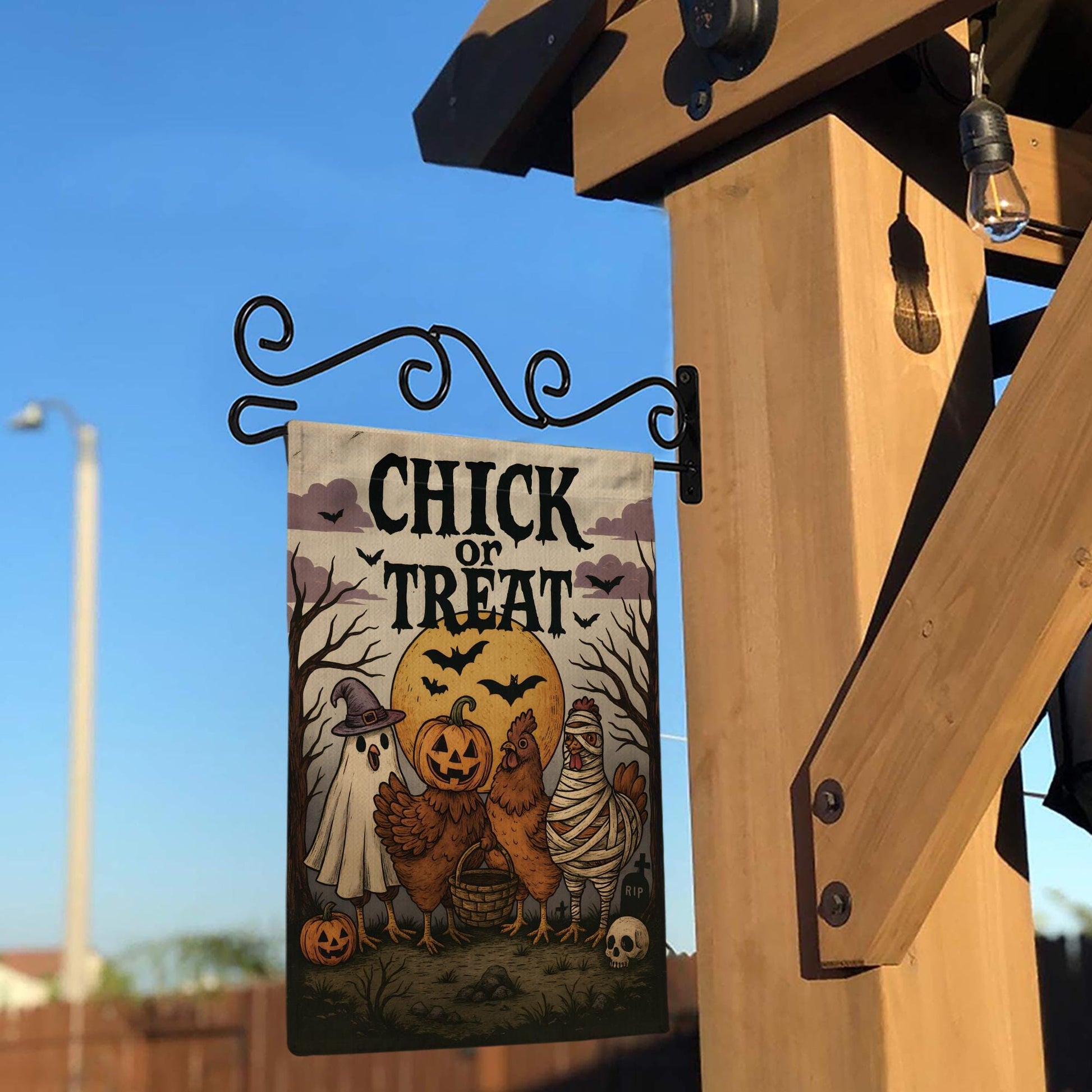Chick or Treat Halloween Garden Flag | Funny Chicken Trio, Ghost & Pumpkin Decor