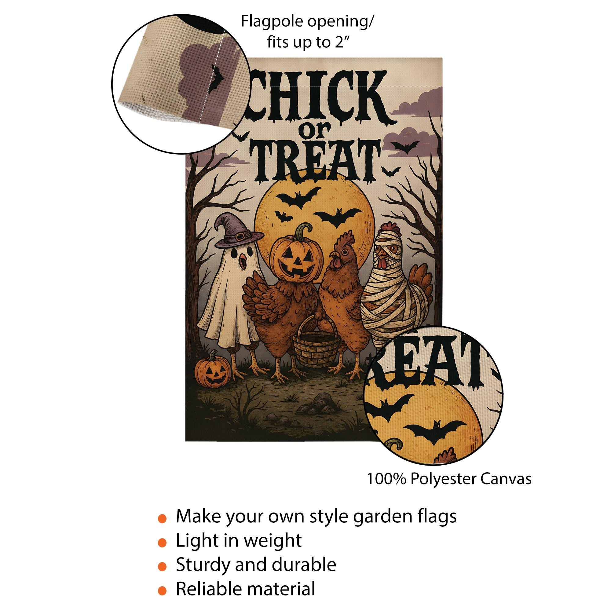 Chick or Treat Halloween Garden Flag | Funny Chicken Trio, Ghost & Pumpkin Decor