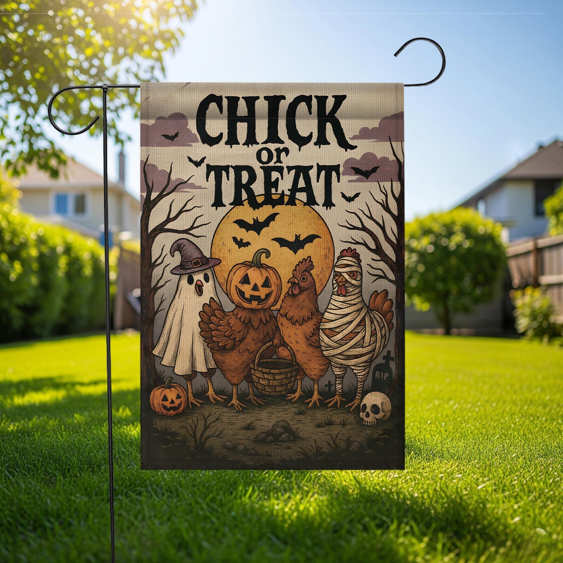 Chick or Treat Halloween Garden Flag | Funny Chicken Trio, Ghost & Pumpkin Decor