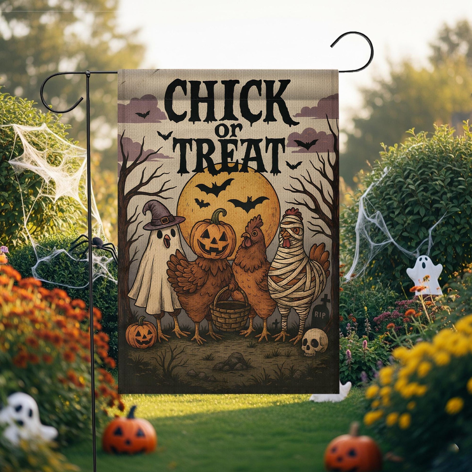 Chick or Treat Halloween Garden Flag | Funny Chicken Trio, Ghost & Pumpkin Decor