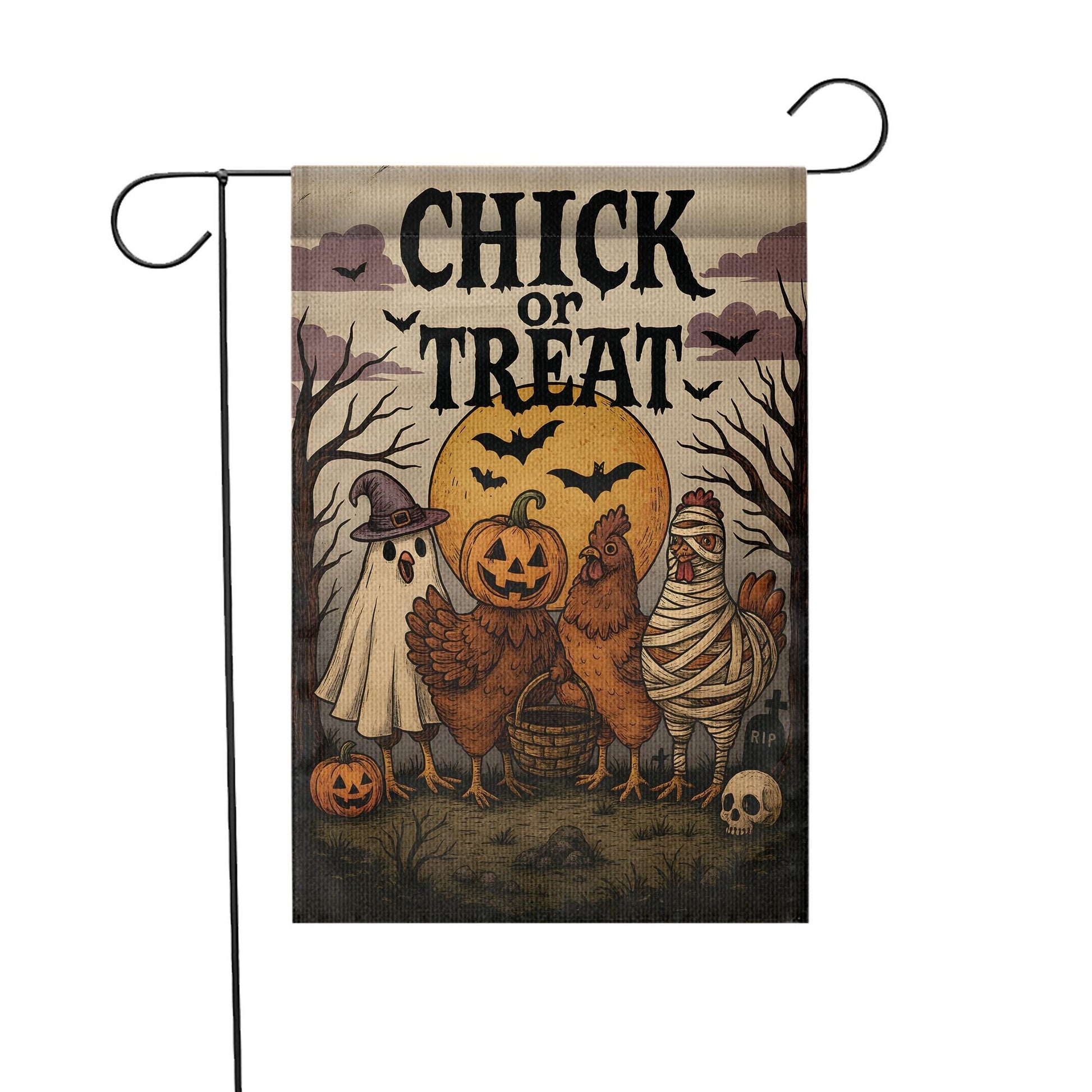 Chick or Treat Halloween Garden Flag | Funny Chicken Trio, Ghost & Pumpkin Decor