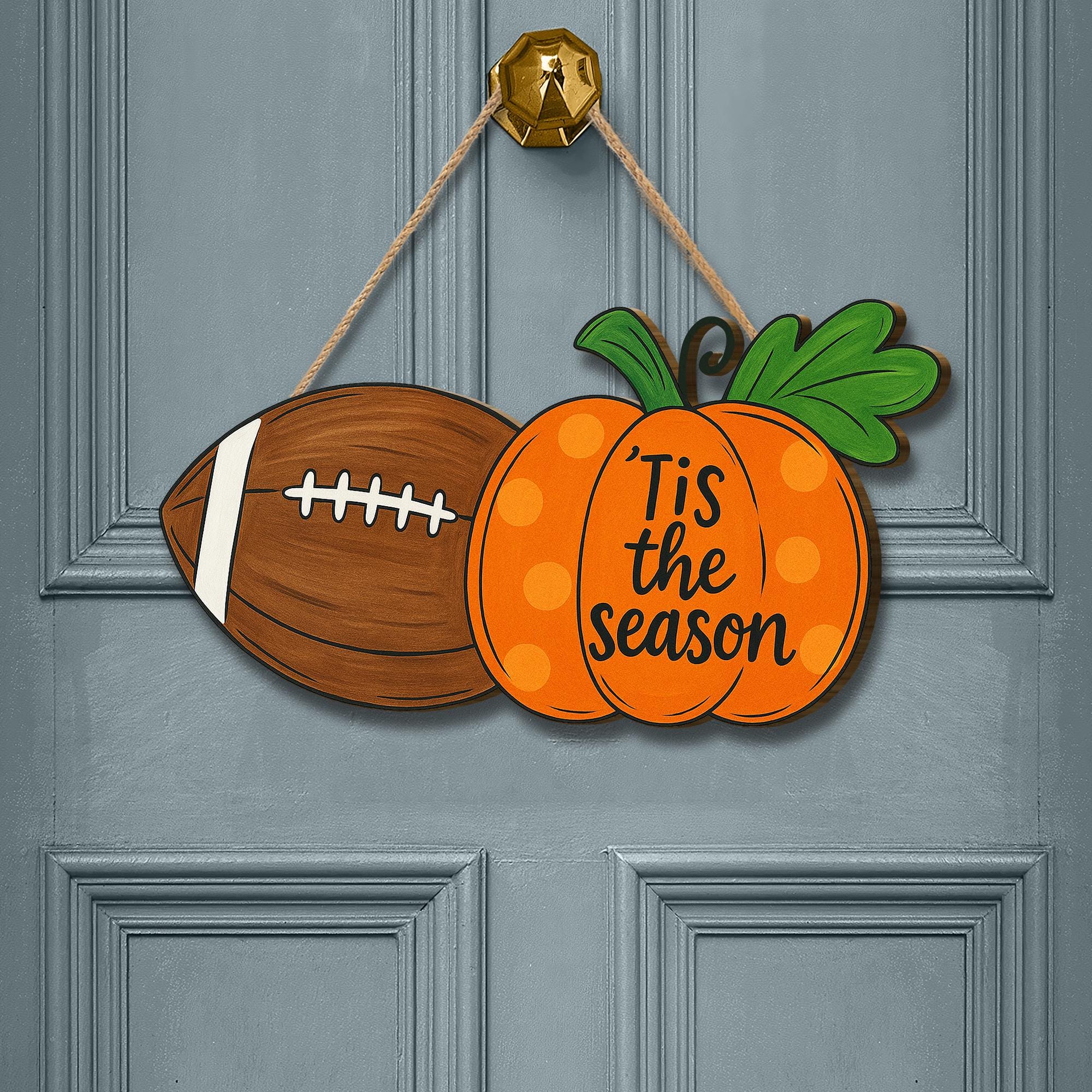 Fall Football Door Sign – Pumpkin ‘Tis the Season Autumn Hanging Decor for Front Door, Porch, or Entryway