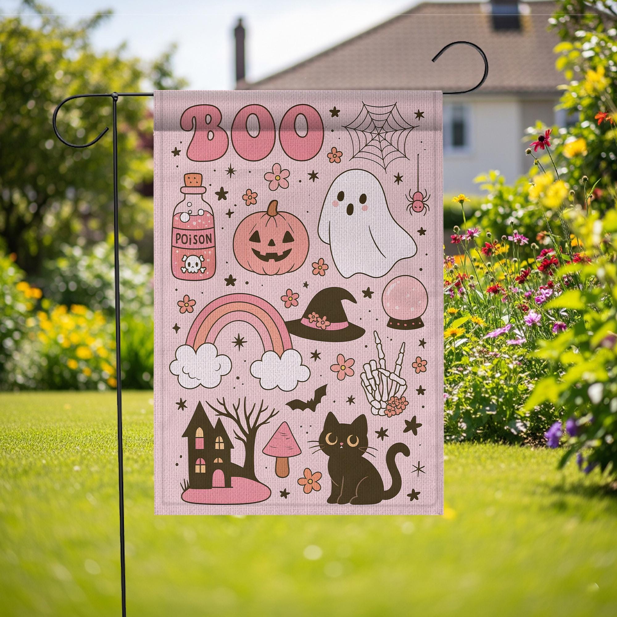 Pastel Cute Halloween “BOO” Garden Flag | Ghost Pumpkin Cat Witch Hat Decor