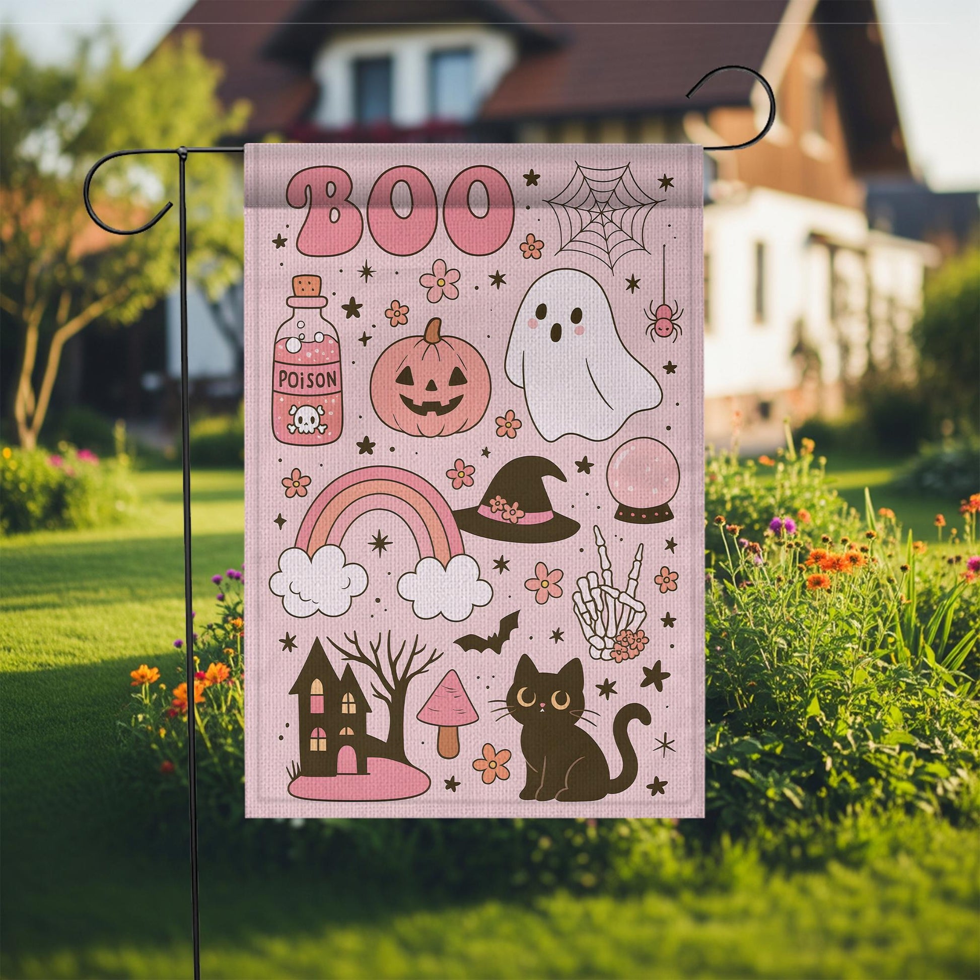 Pastel Cute Halloween “BOO” Garden Flag | Ghost Pumpkin Cat Witch Hat Decor