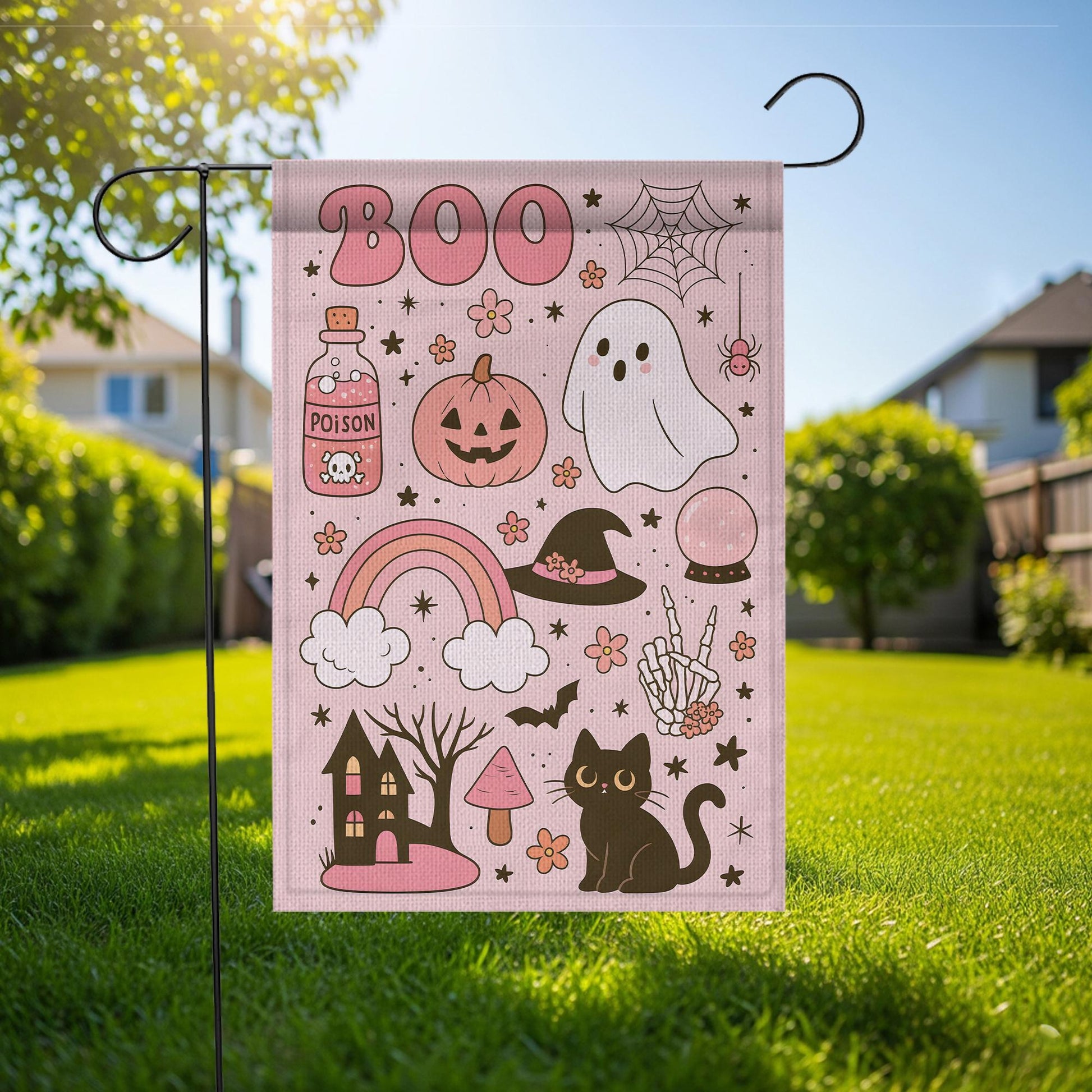 Pastel Cute Halloween “BOO” Garden Flag | Ghost Pumpkin Cat Witch Hat Decor