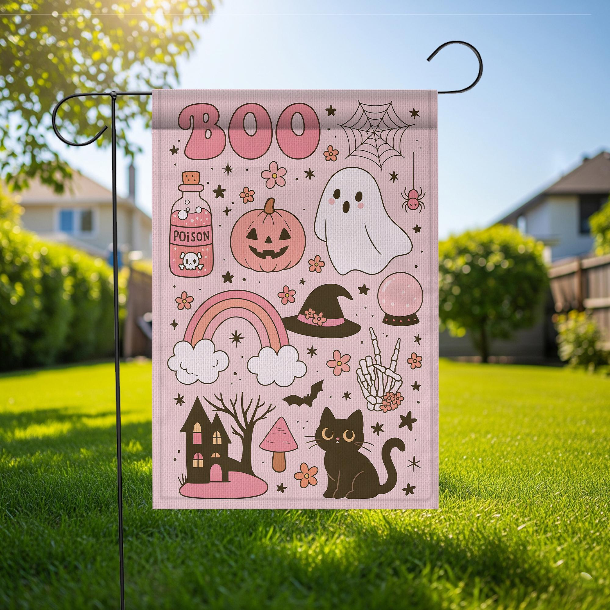 Pastel Cute Halloween “BOO” Garden Flag | Ghost Pumpkin Cat Witch Hat Decor